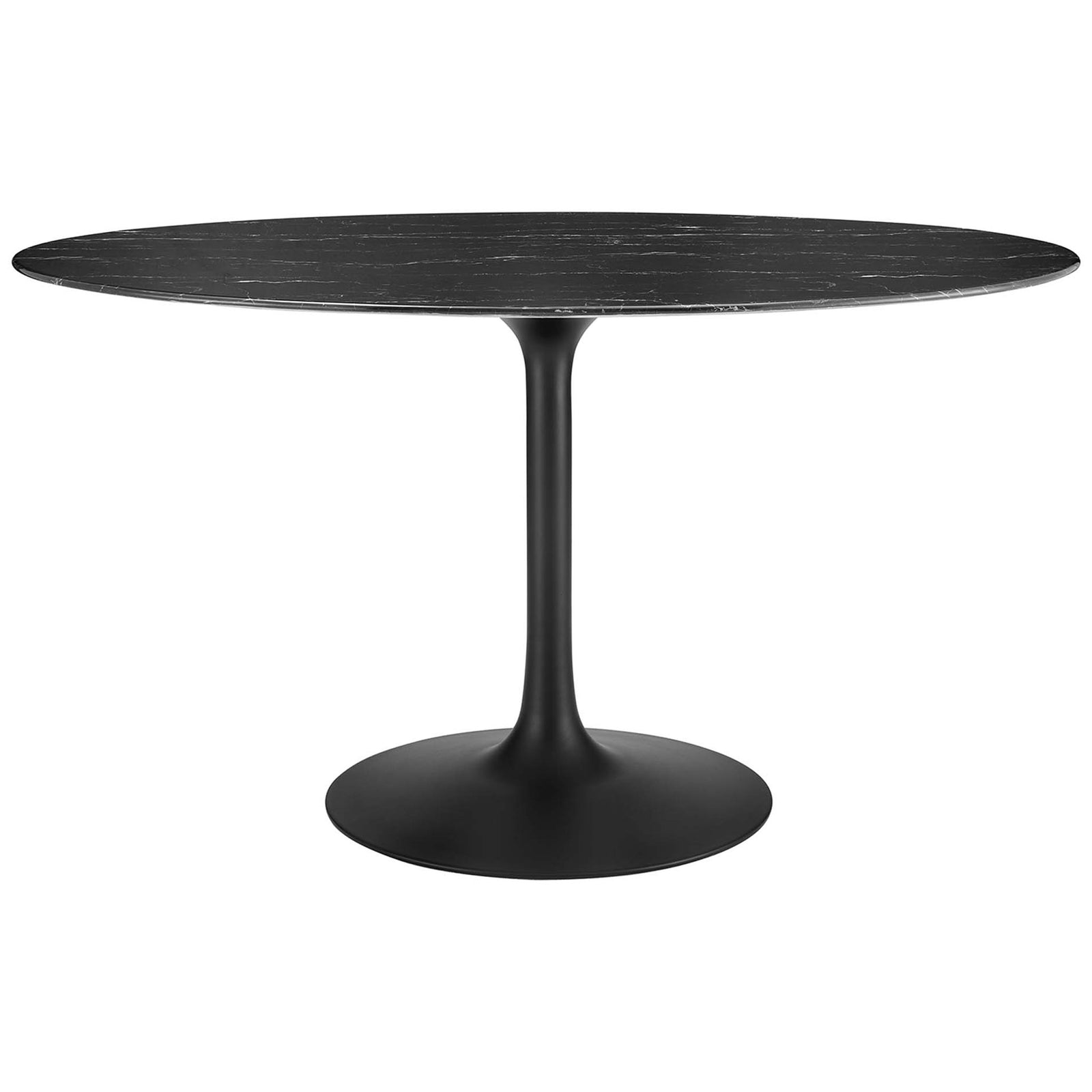 Modern black oval pedestal dining table with faux marble top and sleek tapered base || EEI-4880-BLK-BLK || front_studio