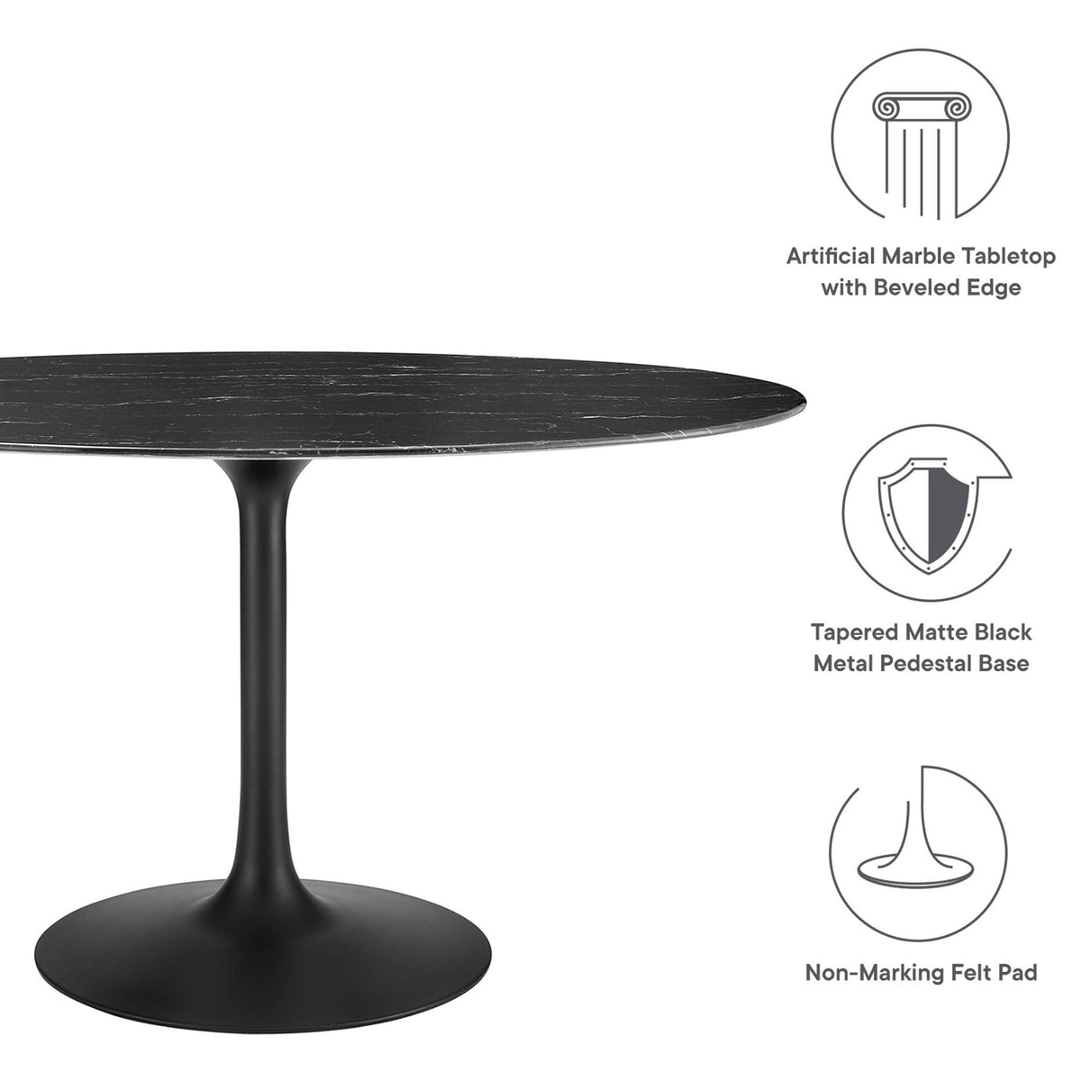 Feature graphic highlighting artificial marble top, tapered metal pedestal base, and non-marking pad || EEI-4880-BLK-BLK || callout_studio