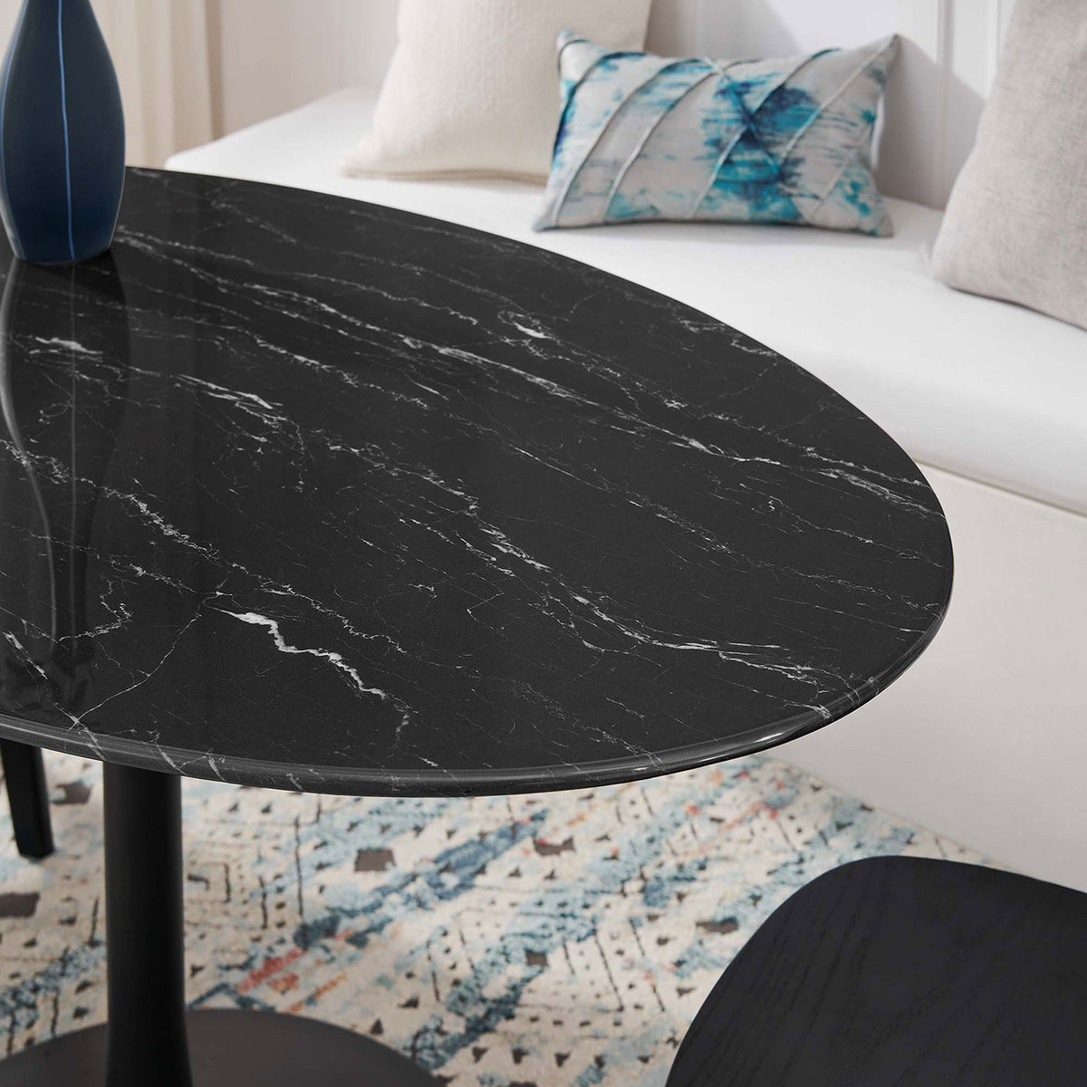 Faux marble tabletop with soft white veining paired with cozy bench seating and accent pillow || EEI-4880-BLK-BLK || detail_room