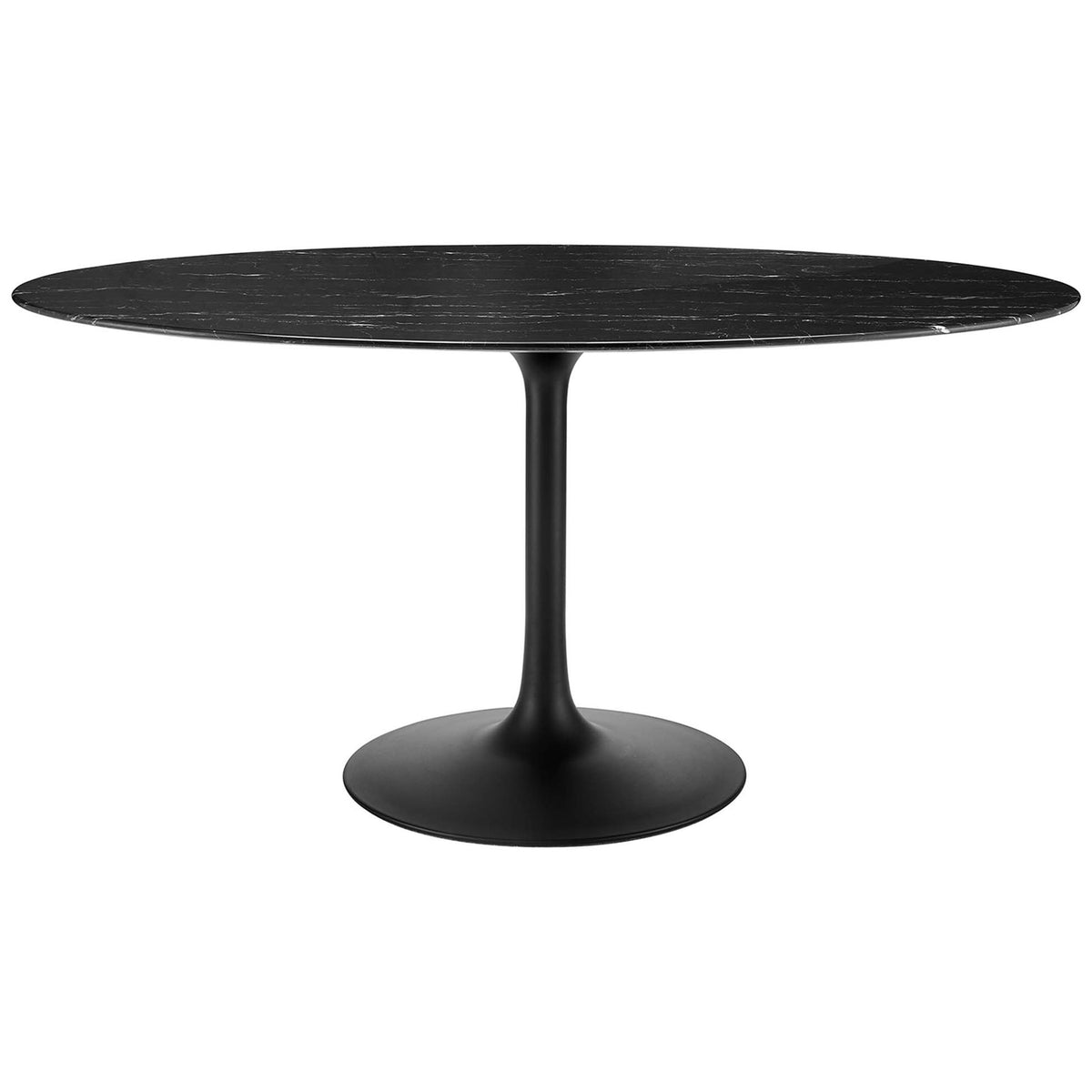 Spacious black oval pedestal dining table with artificial marble top that comfortably seats six || EEI-4881-BLK-BLK || front_studio