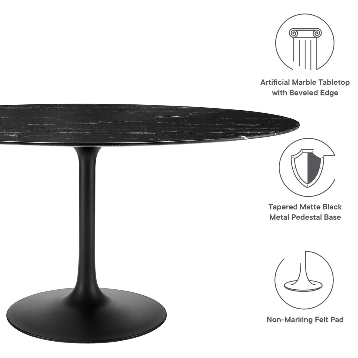 Feature graphic showcasing faux marble top, tapered pedestal base, and protective felt pad || EEI-4881-BLK-BLK || callout_studio