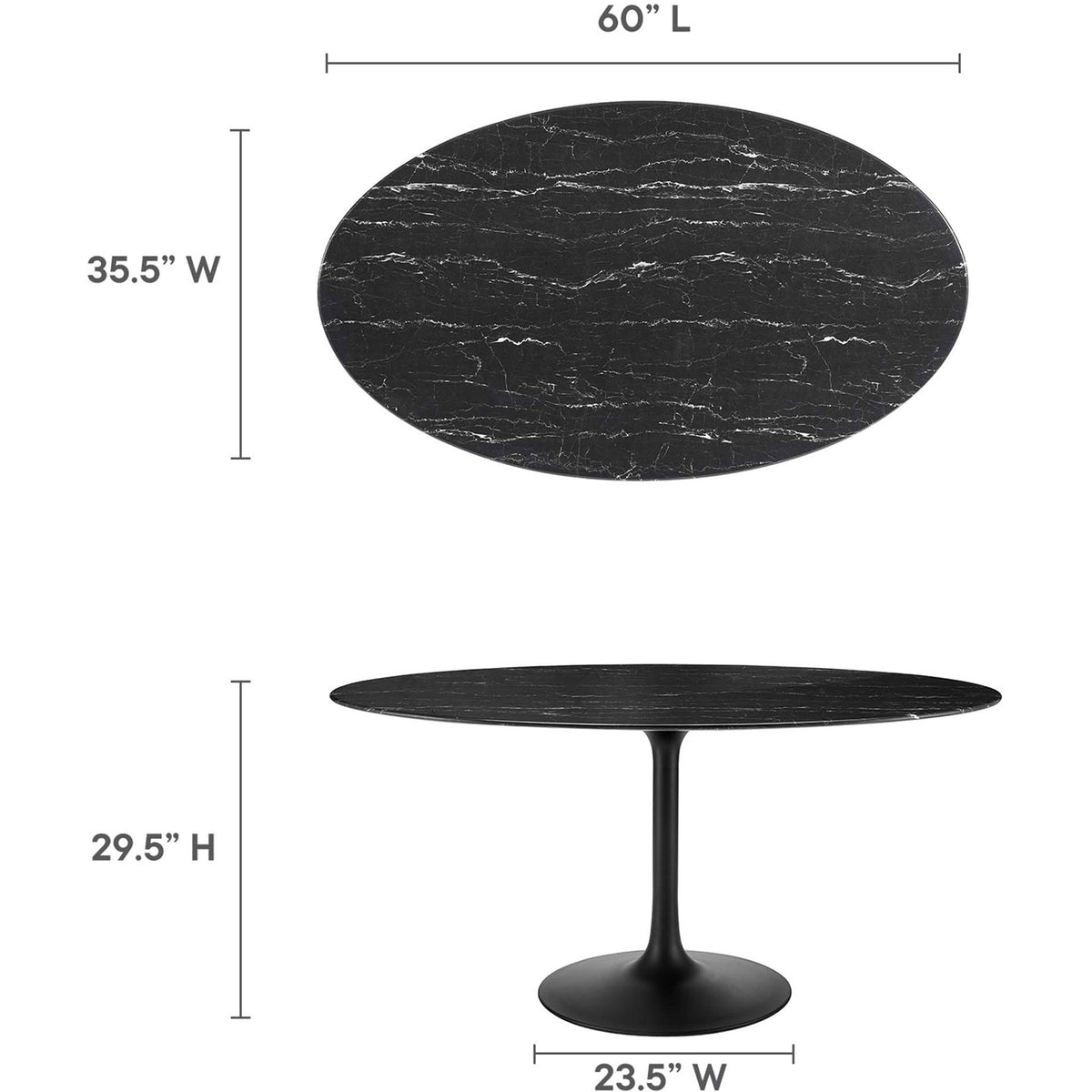 Dimension diagram detailing 60 inch oval tabletop width, length, and pedestal table height || EEI-4881-BLK-BLK || dimension_studio