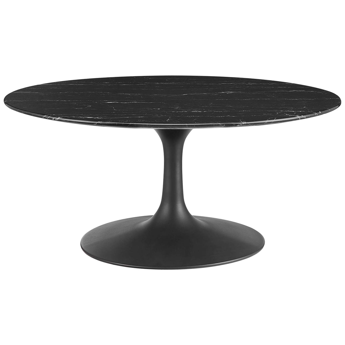 Black faux marble round coffee table with sleek tulip pedestal base and beveled edge || EEI-4884-BLK-BLK || front_studio