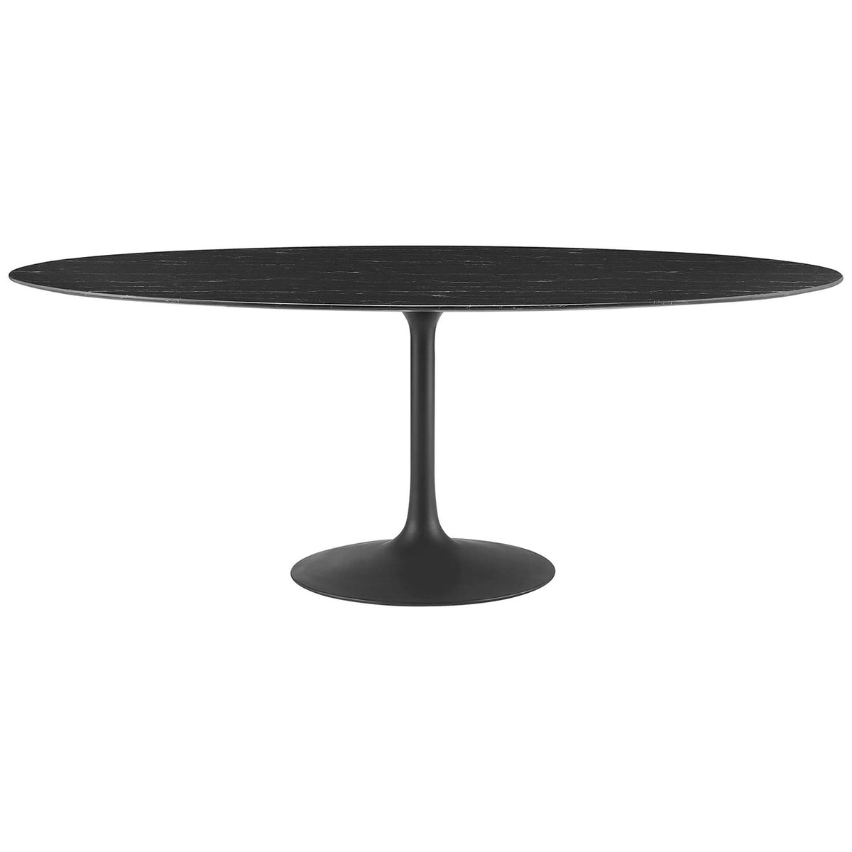 Long black oval pedestal dining table with expansive faux marble top ideal for large gatherings || EEI-4889-BLK-BLK || front_studio