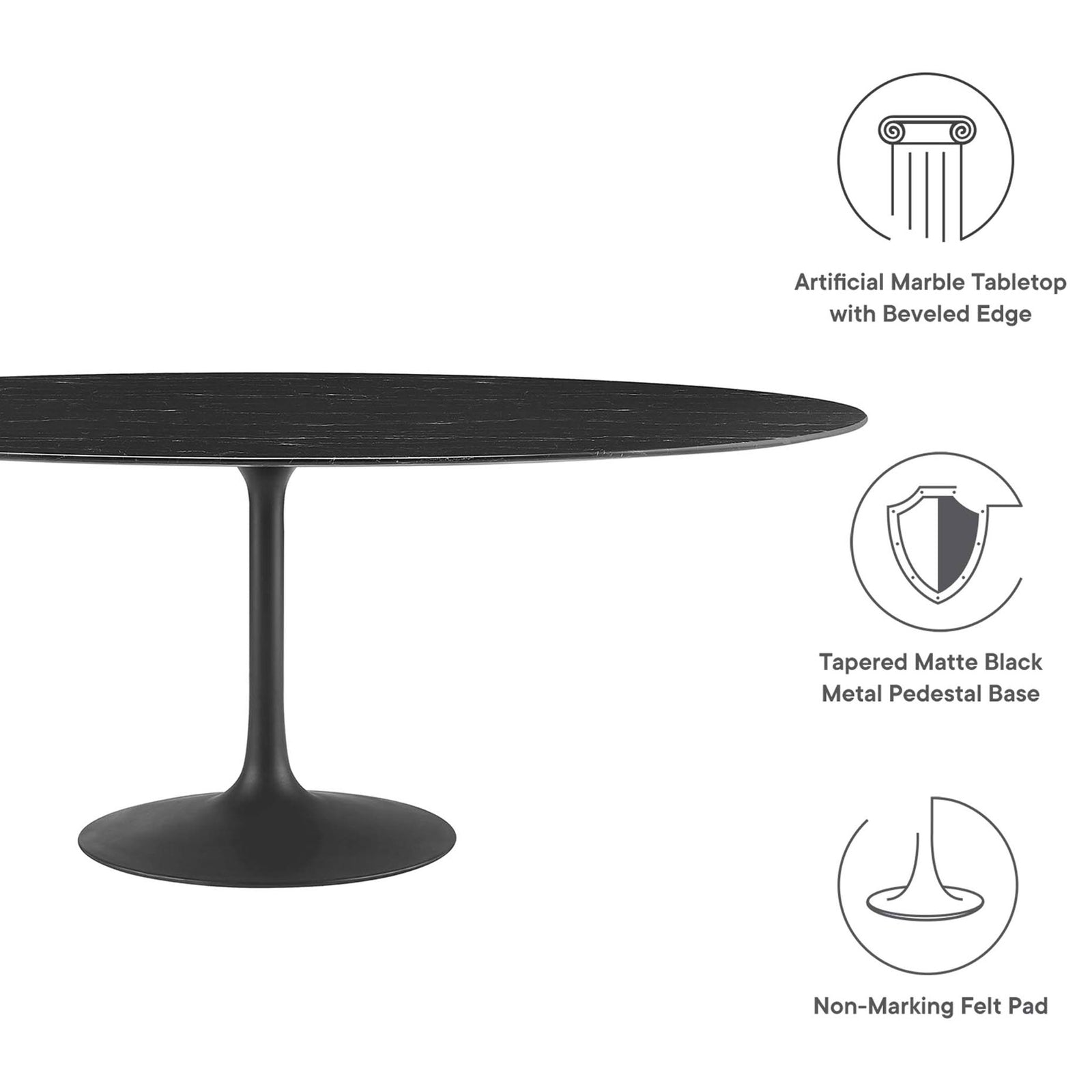 Feature graphic outlining artificial marble top, tapered pedestal base, and floor-safe felt pad || EEI-4889-BLK-BLK || callout_studio
