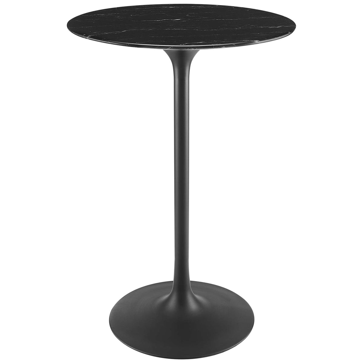 Sleek round bar table with black faux marble top and a matte black tapered pedestal base || EEI-4892-BLK-BLK || front_studio