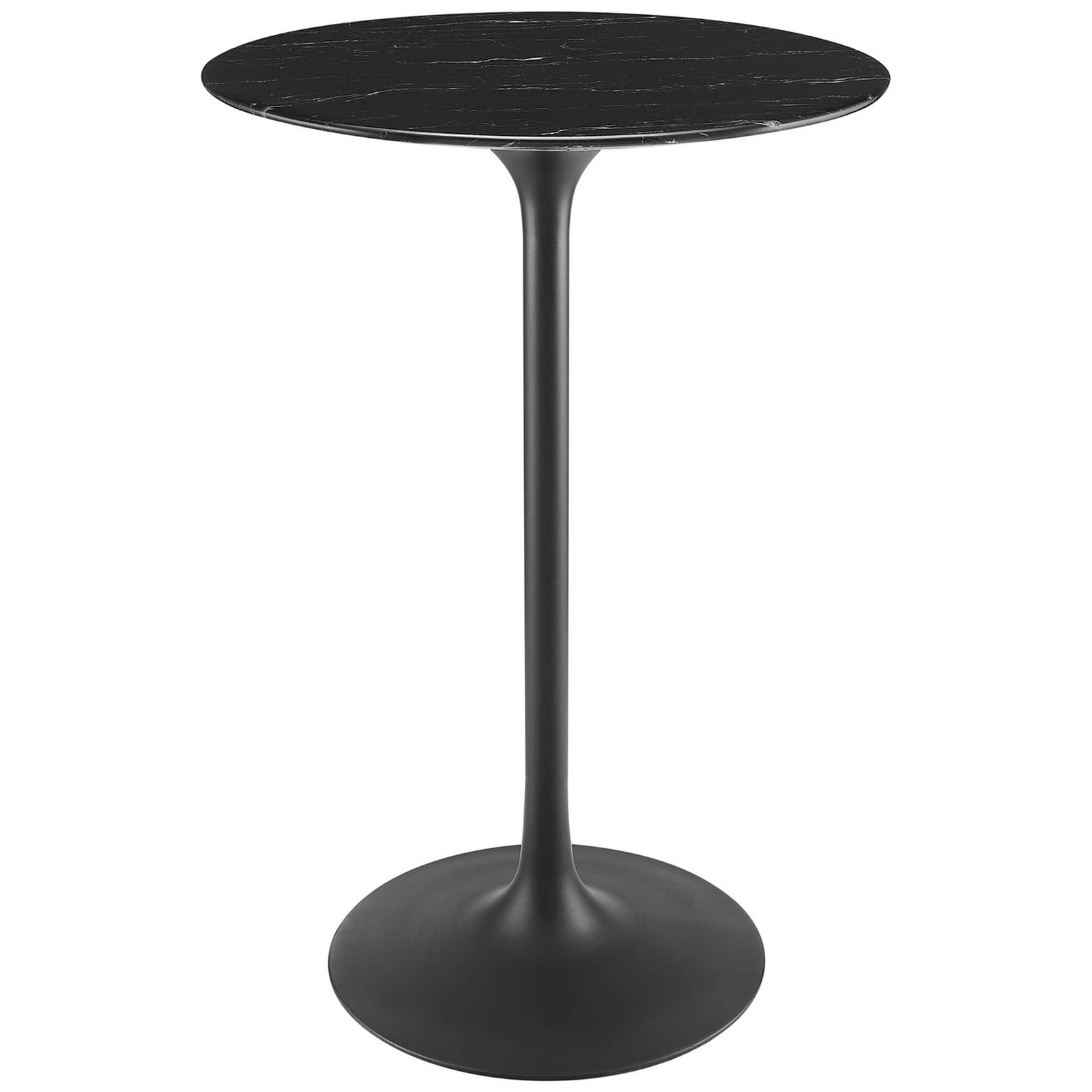 Sleek round bar table with black faux marble top and a matte black tapered pedestal base || EEI-4892-BLK-BLK || front_studio