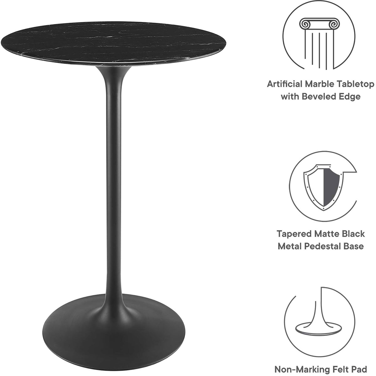 Artificial marble top, matte black pedestal base, and non-marking felt pad details || EEI-4892-BLK-BLK || callout_studio