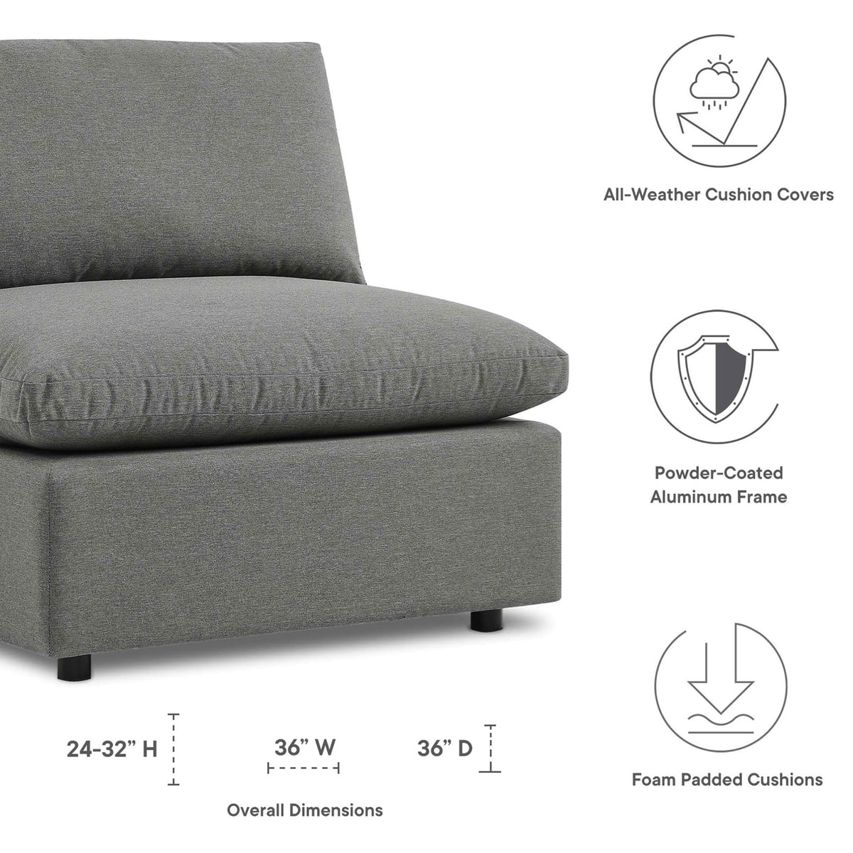 Diagram of charcoal outdoor armless chair with overall dimensions and icons for weather-ready comfort || EEI-4902-CHA || dimension_studio
