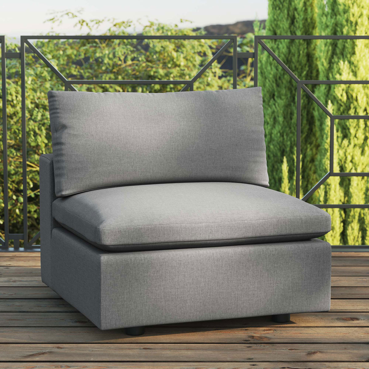 Charcoal outdoor armless chair styled on a sunny deck, creating a cozy spot to unwind || EEI-4902-CHA || front_angle_room