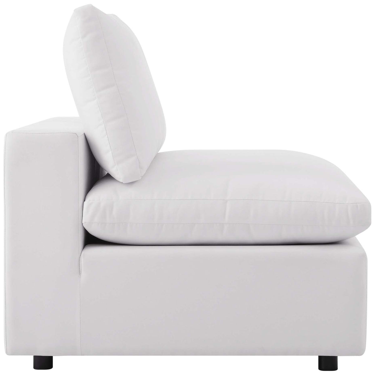 White outdoor armless chair with deep seat and lofty back cushion for laidback lounging || EEI-4902-WHI || side_studio