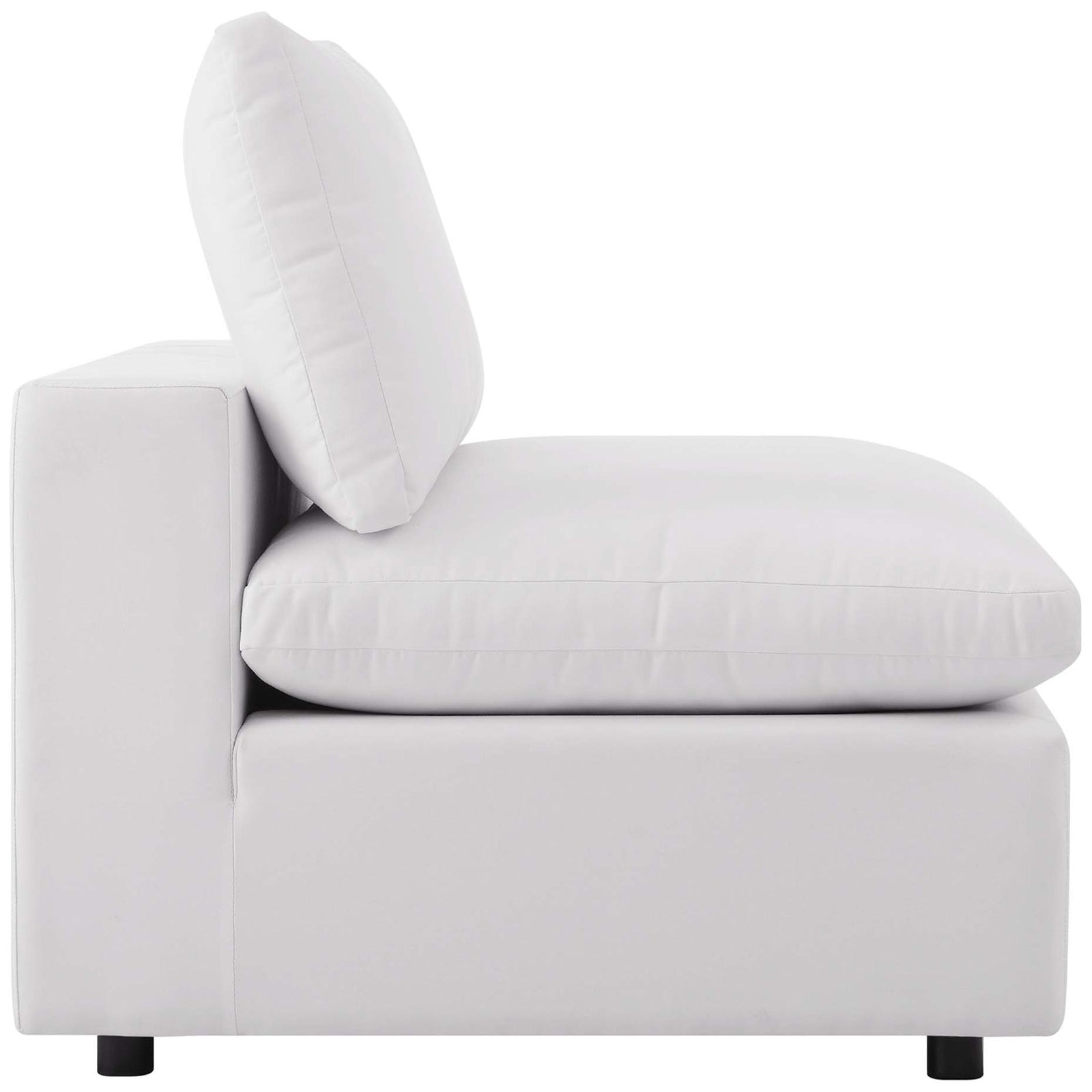 White outdoor armless chair with deep seat and lofty back cushion for laidback lounging || EEI-4902-WHI || side_studio