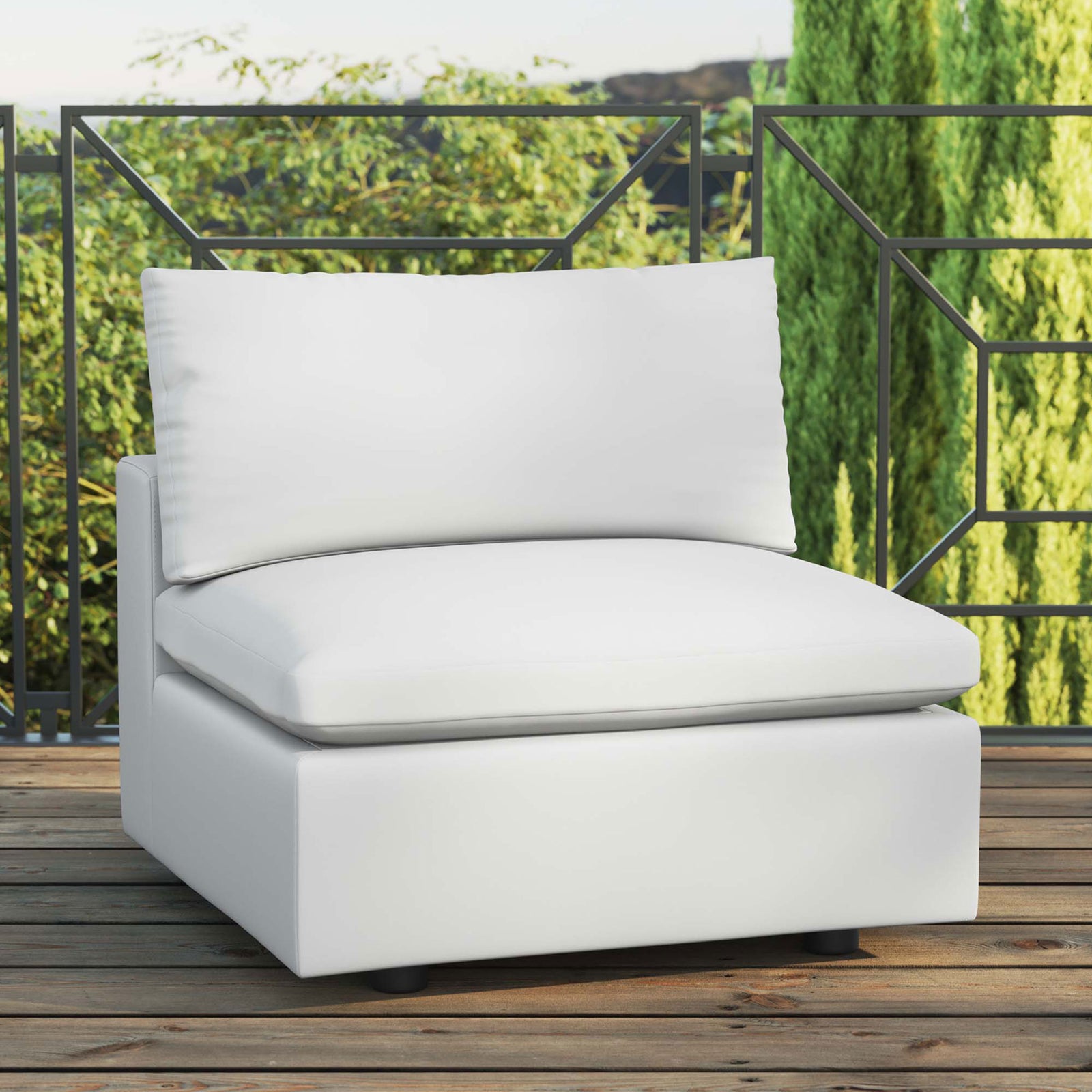 White outdoor armless chair styled on a wood deck, bringing bright resort-inspired comfort outside || EEI-4902-WHI || front_angle_room