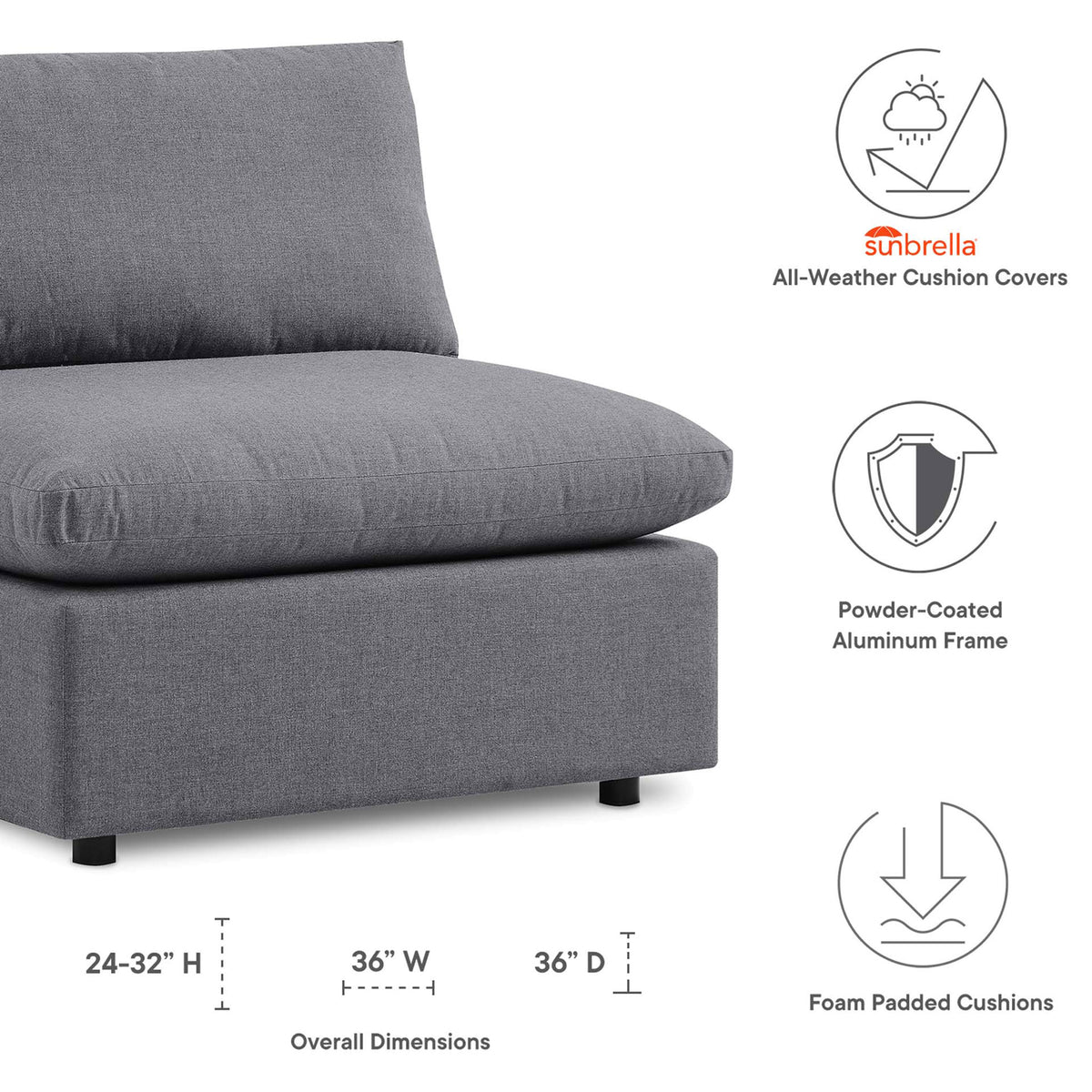 Diagram of slate gray Sunbrella outdoor chair with overall dimensions and icons for weather-ready comfort || EEI-4905-SLA || dimension_studio