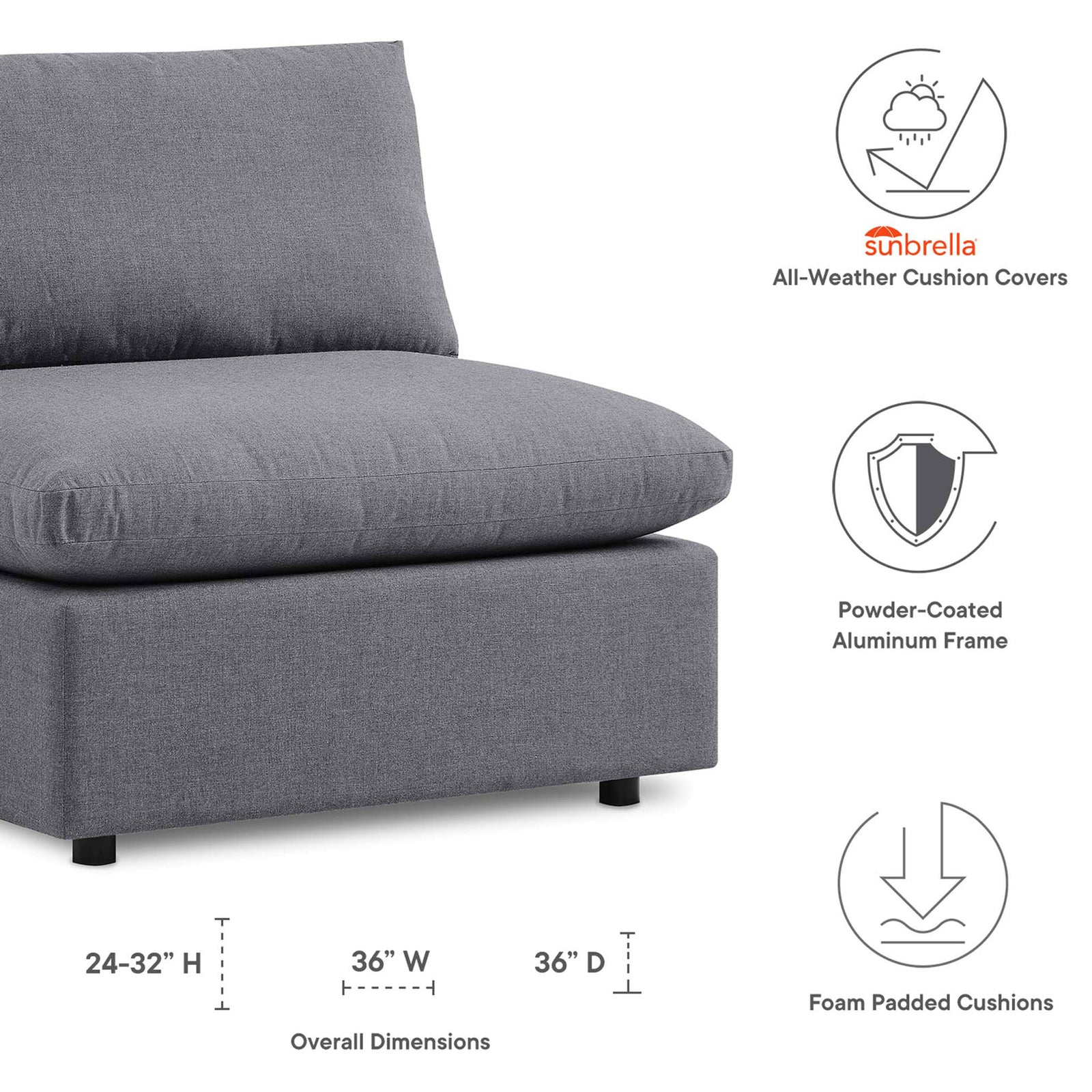 Diagram of slate gray Sunbrella outdoor chair with overall dimensions and icons for weather-ready comfort || EEI-4905-SLA || dimension_studio