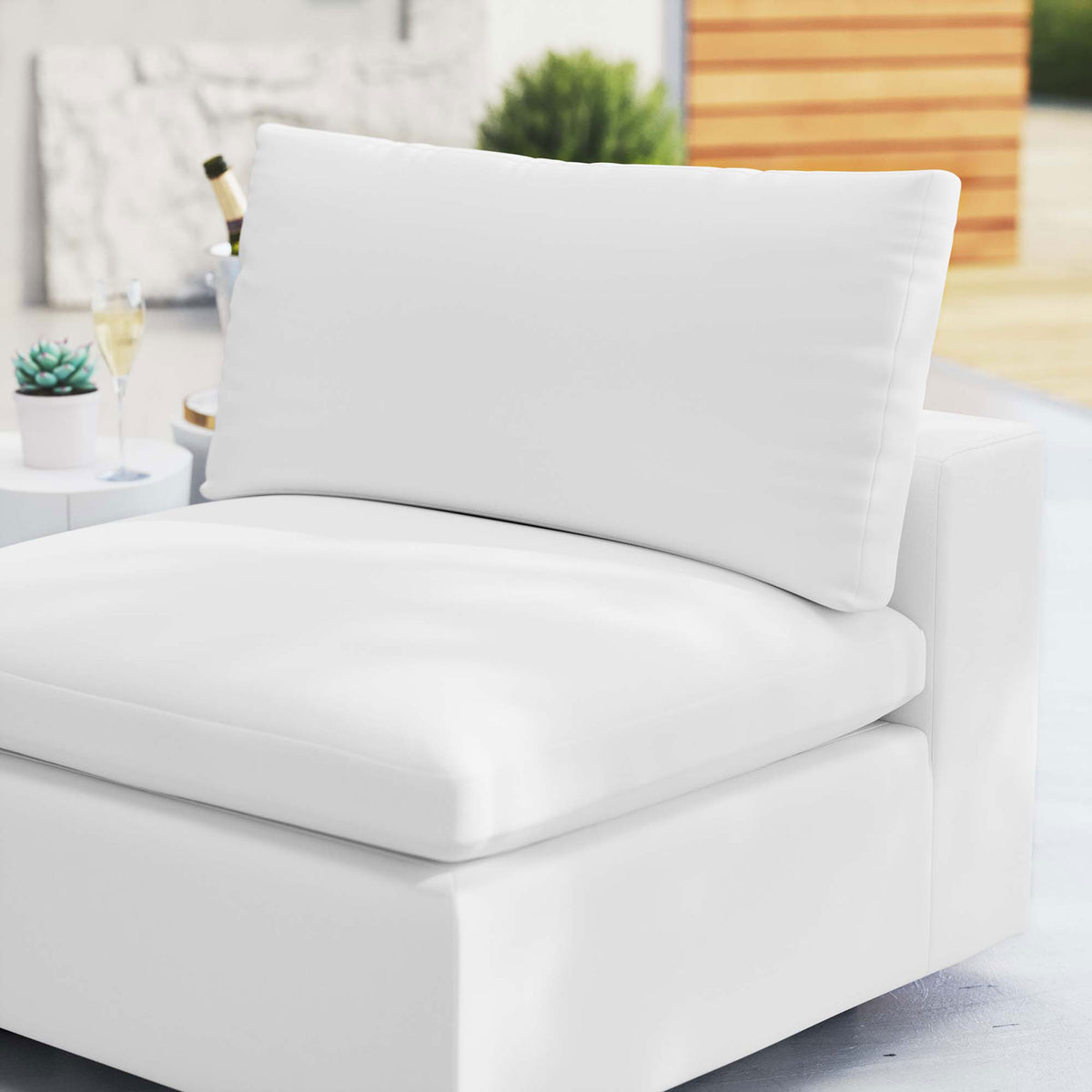 White Sunbrella cushions in a patio setting, emphasizing plush comfort and soft, cloudlike texture || EEI-4905-WHI || detail_room