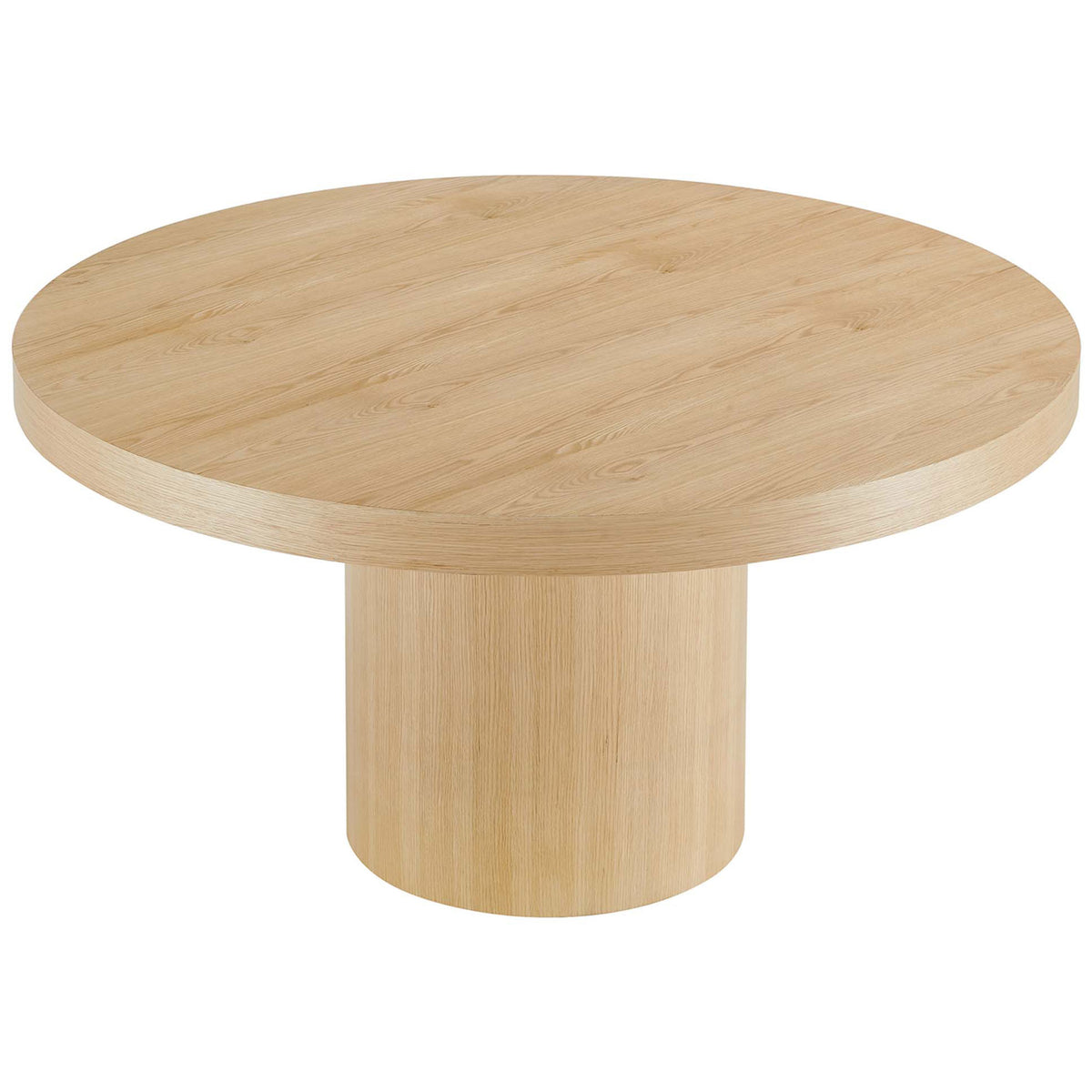 Modern oak pedestal dining table with a wide round surface for spacious everyday gatherings || EEI-4911-OAK || top_angle_studio
