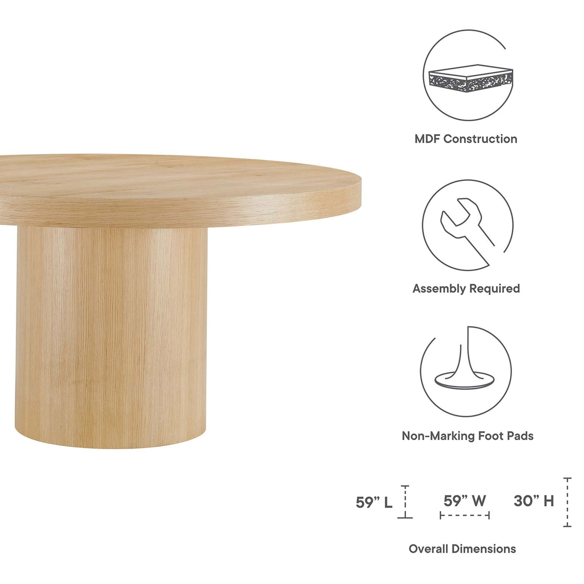 Gratify round oak dining table dimensions and key features including MDF construction and foot pads || EEI-4911-OAK || dimension_studio