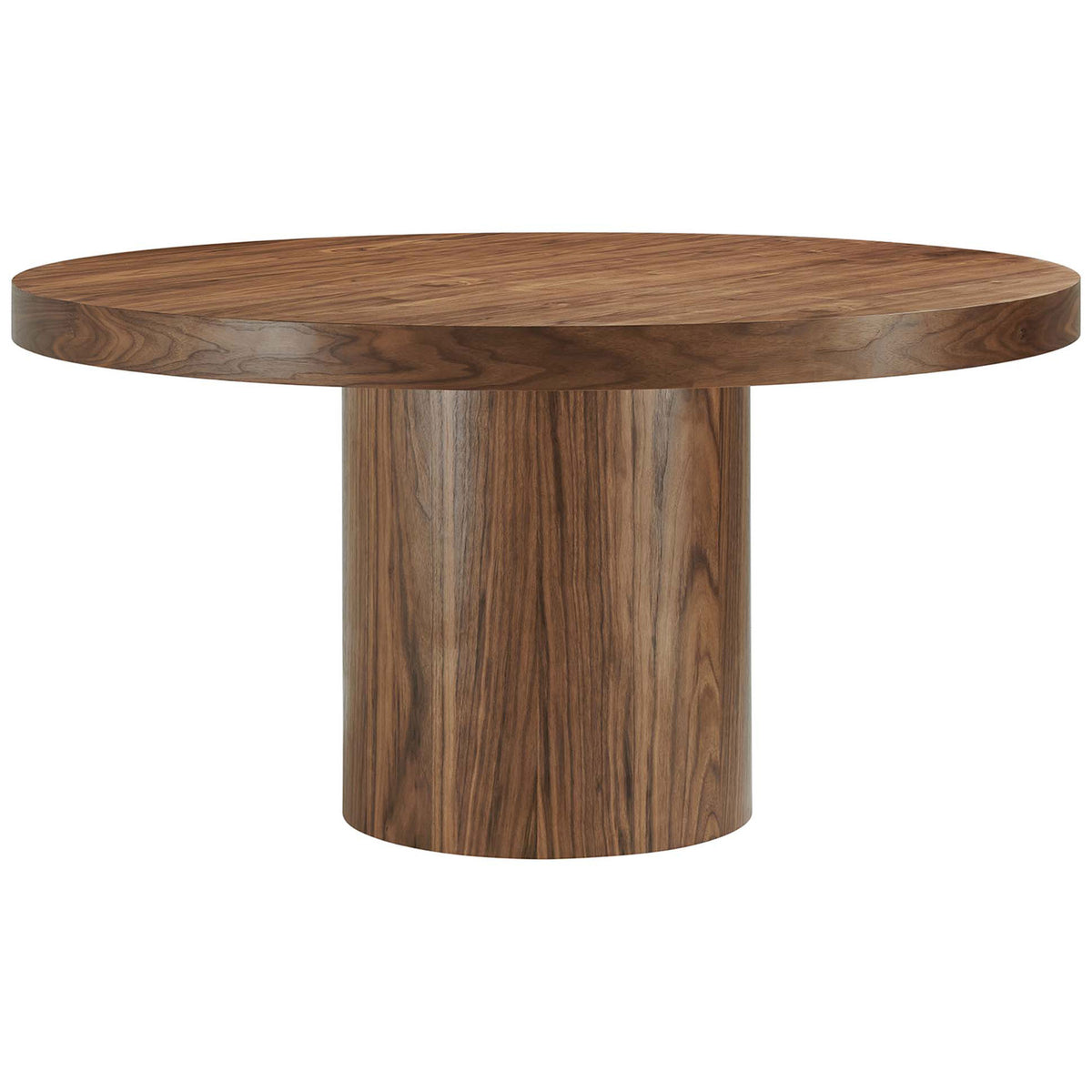 Round walnut pedestal dining table with bold modern silhouette || EEI-4911-WAL || front_angle_studio