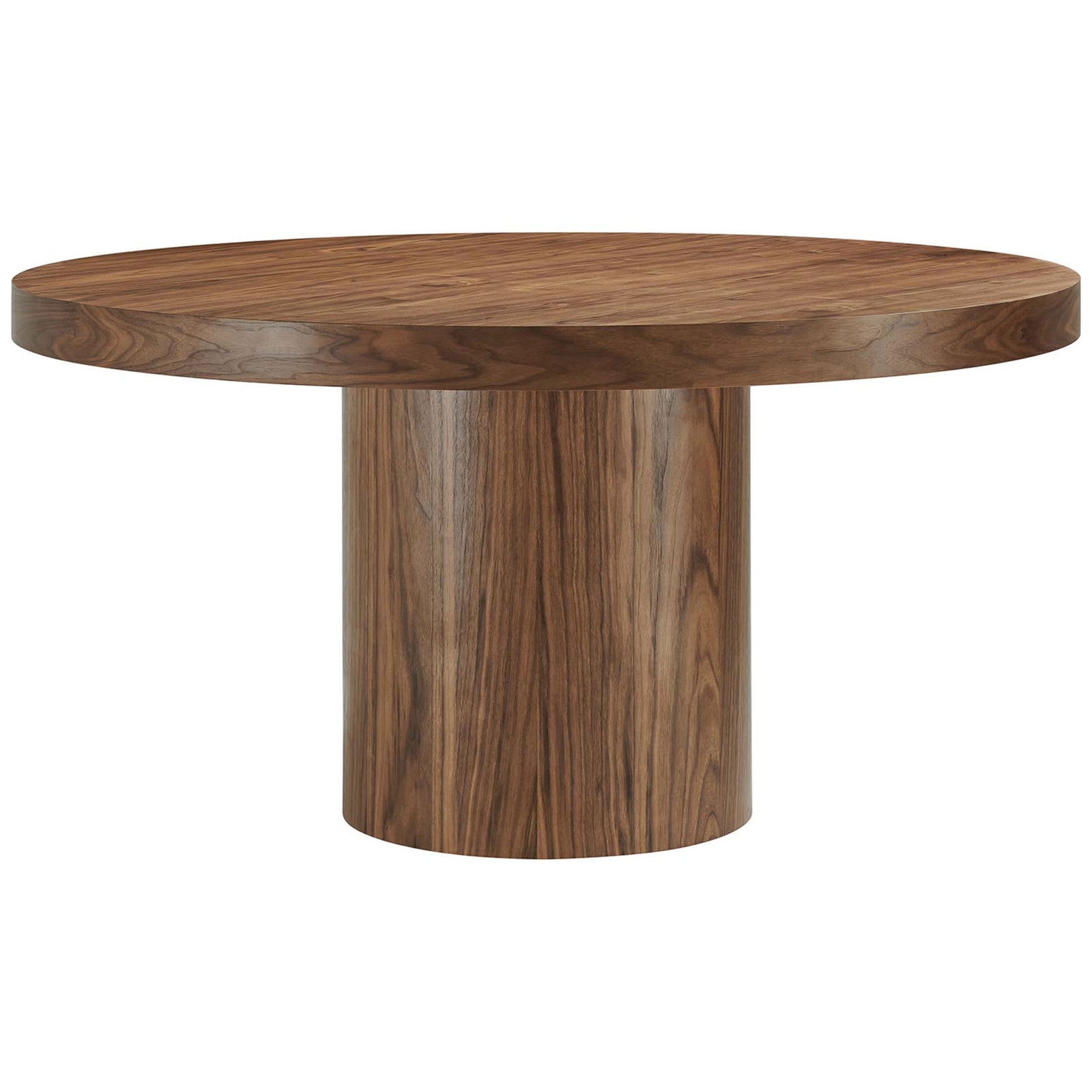Round walnut pedestal dining table with bold modern silhouette || EEI-4911-WAL || front_angle_studio