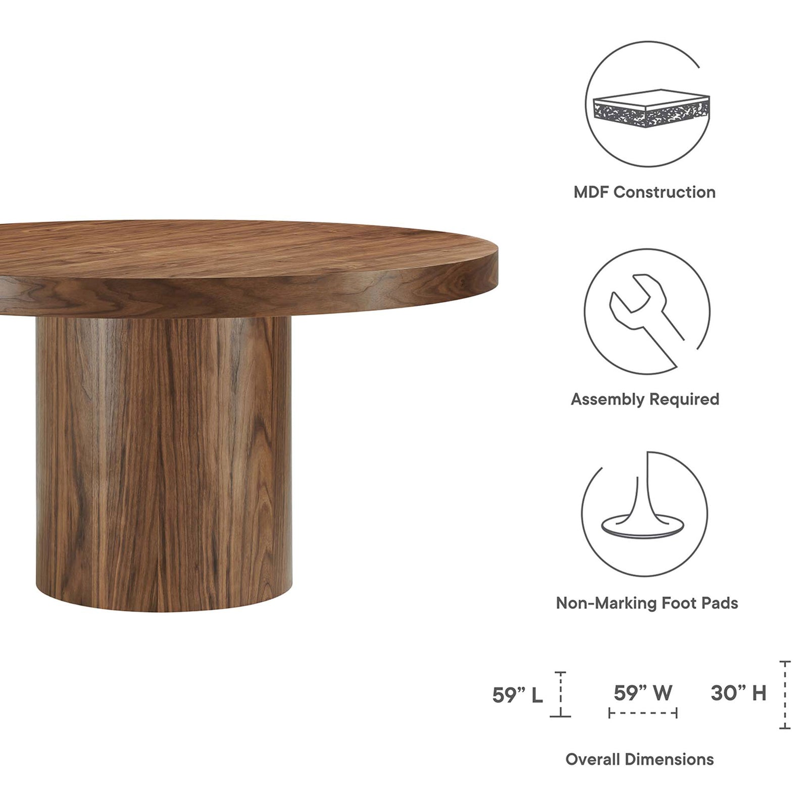 Gratify table highlights durable MDF construction, non-marking foot pads, and spacious 59 inch top || EEI-4911-WAL || dimension_studio