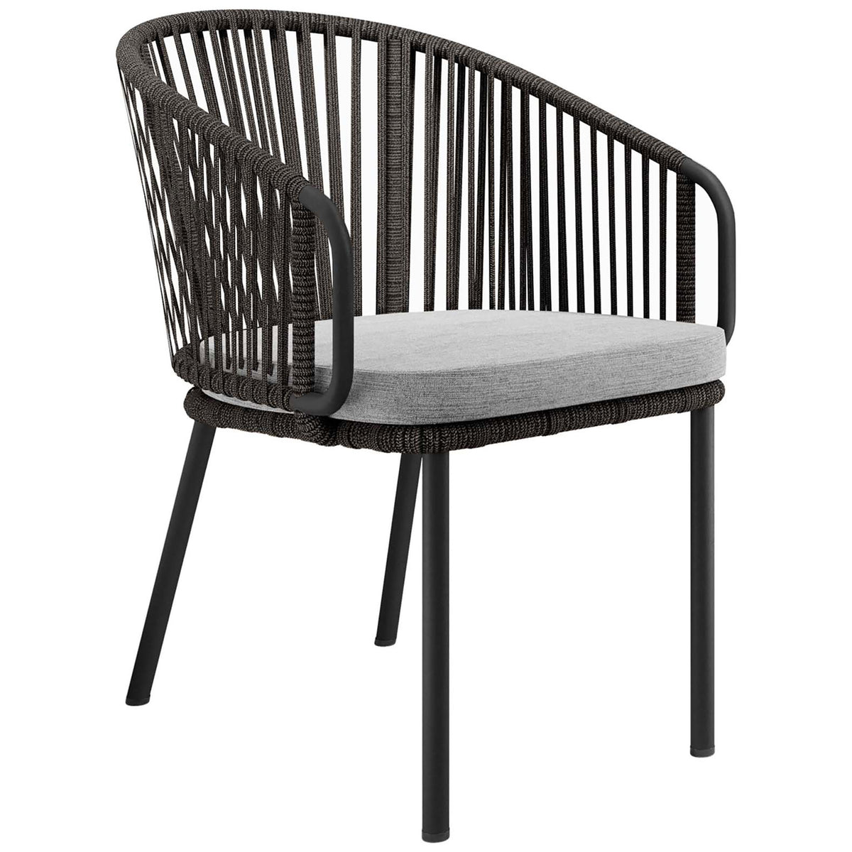Sleek charcoal rope patio armchair with curved wraparound back and light gray cushion || EEI-5033-CHA-GRY || front_angle_studio
