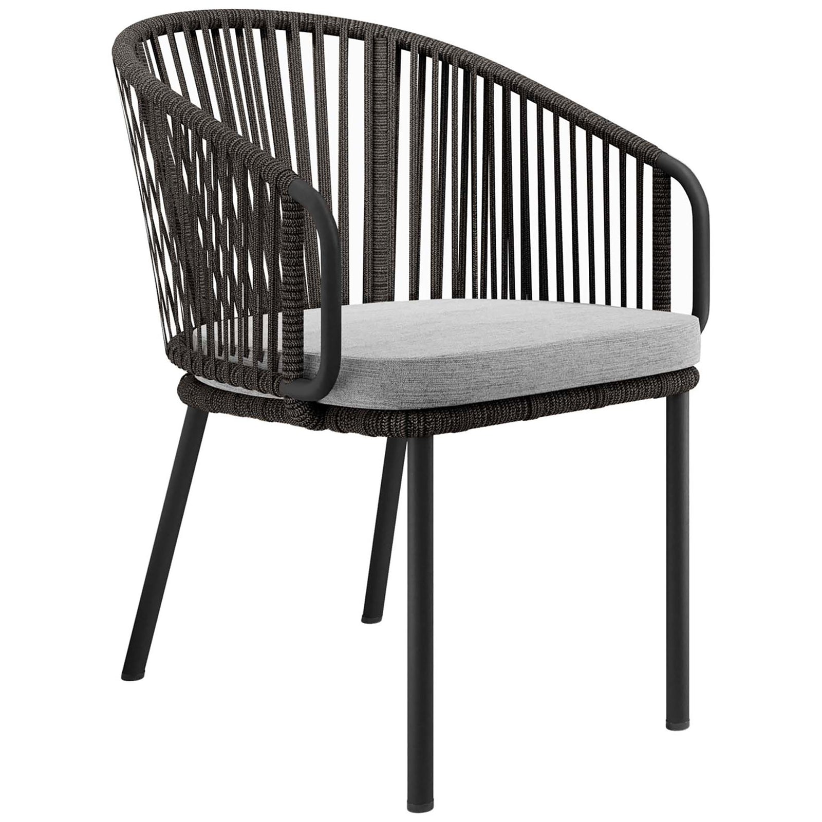 Sleek charcoal rope patio armchair with curved wraparound back and light gray cushion || EEI-5033-CHA-GRY || front_angle_studio