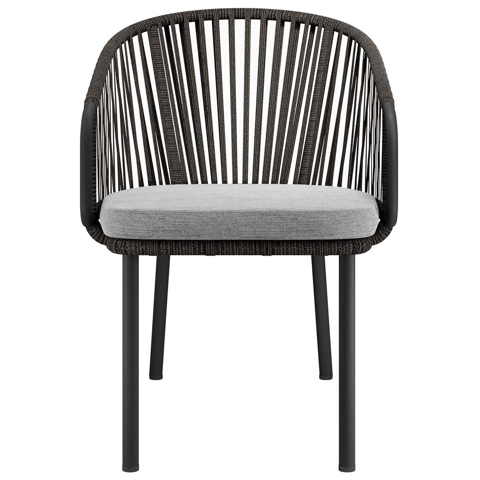 Harbor outdoor dining armchair with vertical rope back and generously cushioned light gray seat || EEI-5033-CHA-GRY || front_studio