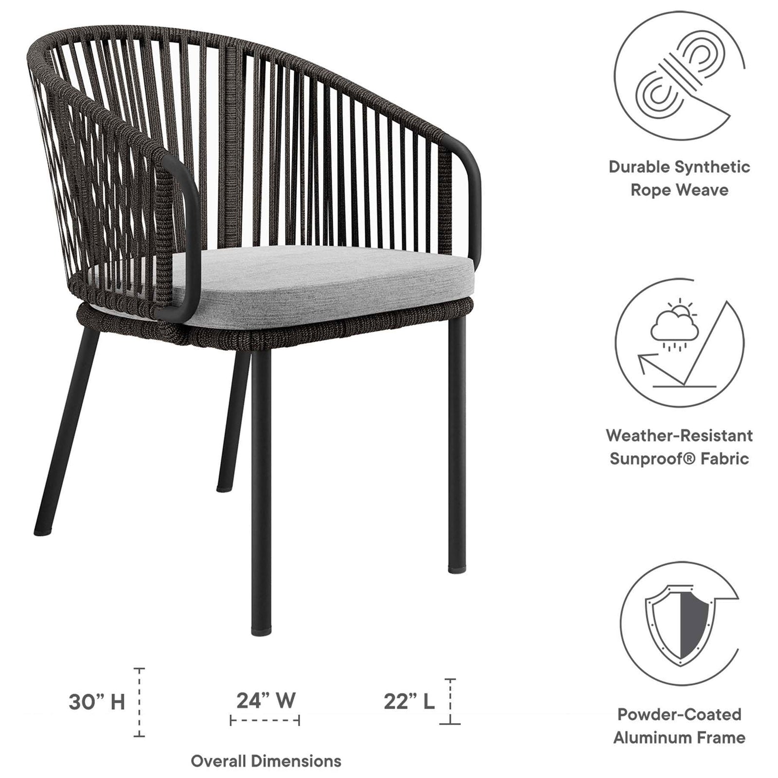 Harbor rope patio armchair with icons highlighting synthetic weave, weather-safe fabric, and dimensions || EEI-5033-CHA-GRY || dimension_studio