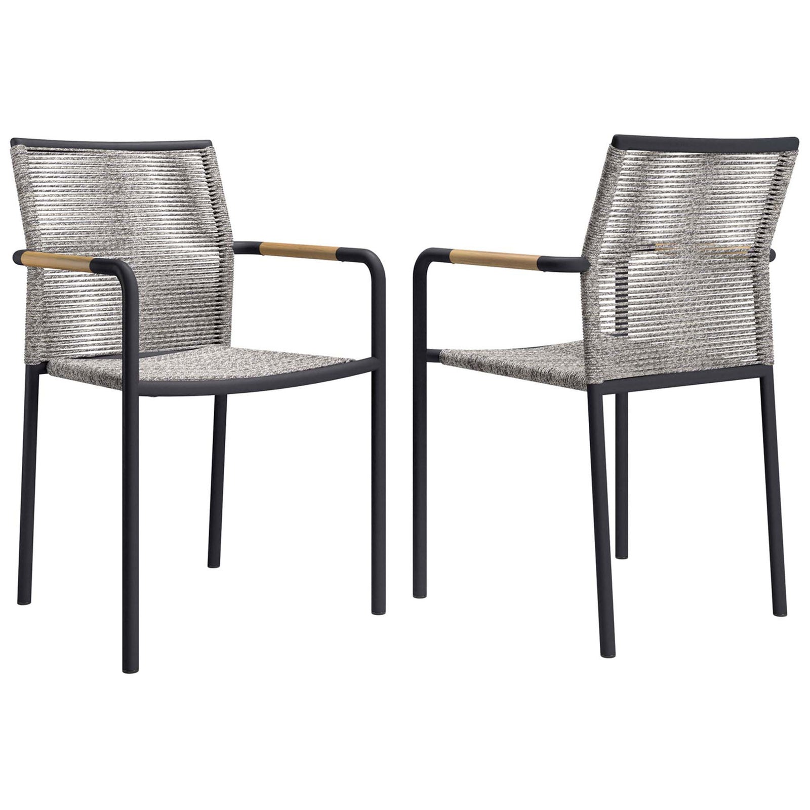 Set of two light gray rope patio armchairs with matching black frames and wood look arms || EEI-5036-LGR || front_angle_multi_studio