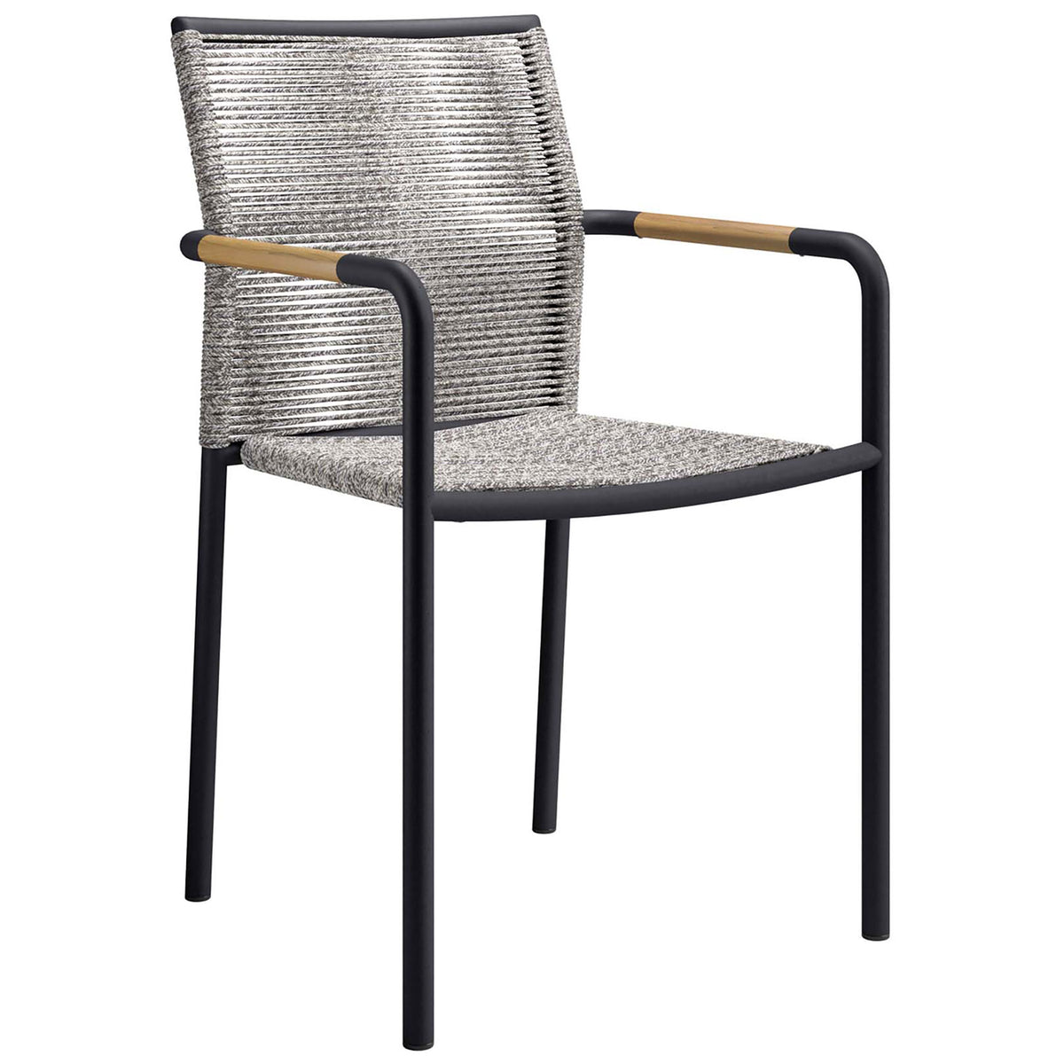 Modern outdoor dining chair with woven light gray rope seat and slim black legs || EEI-5036-LGR || front_angle_studio