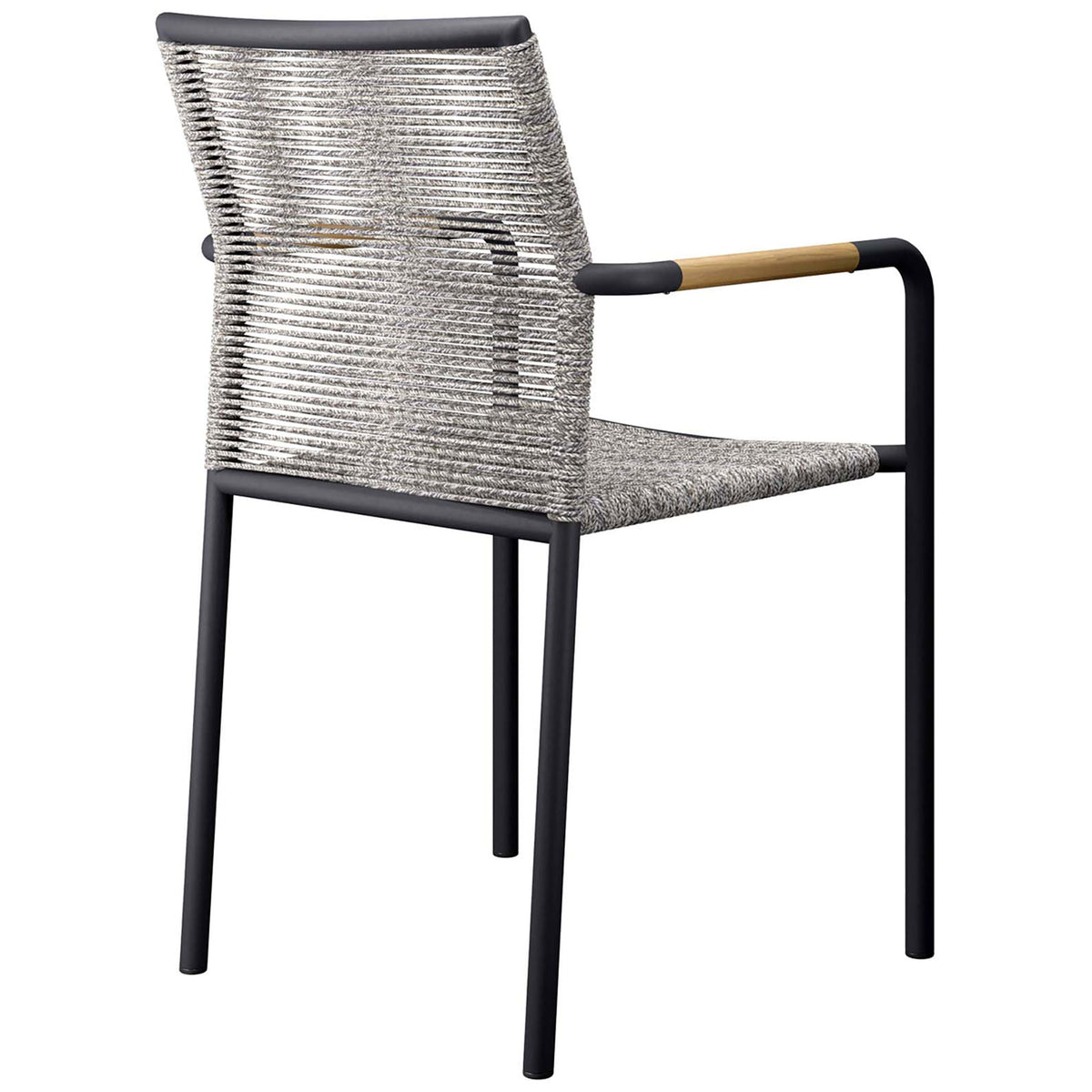 Outdoor dining chair with open rope backrest and slender black aluminum frame || EEI-5036-LGR || back_angle_studio