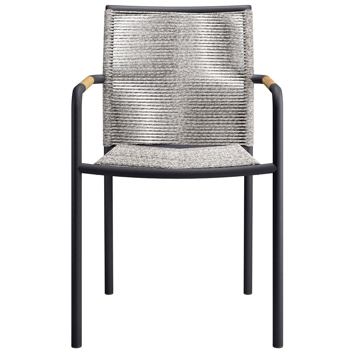 Light gray rope patio armchair with black aluminum frame and wood tone arm accents || EEI-5036-LGR || front_studio