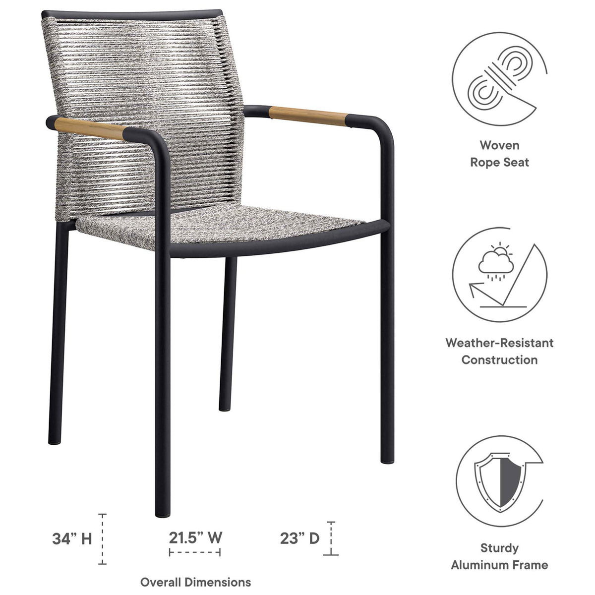 Feature graphic highlighting woven rope seat, weather resistant build, and chair dimensions || EEI-5036-LGR || dimension_studio
