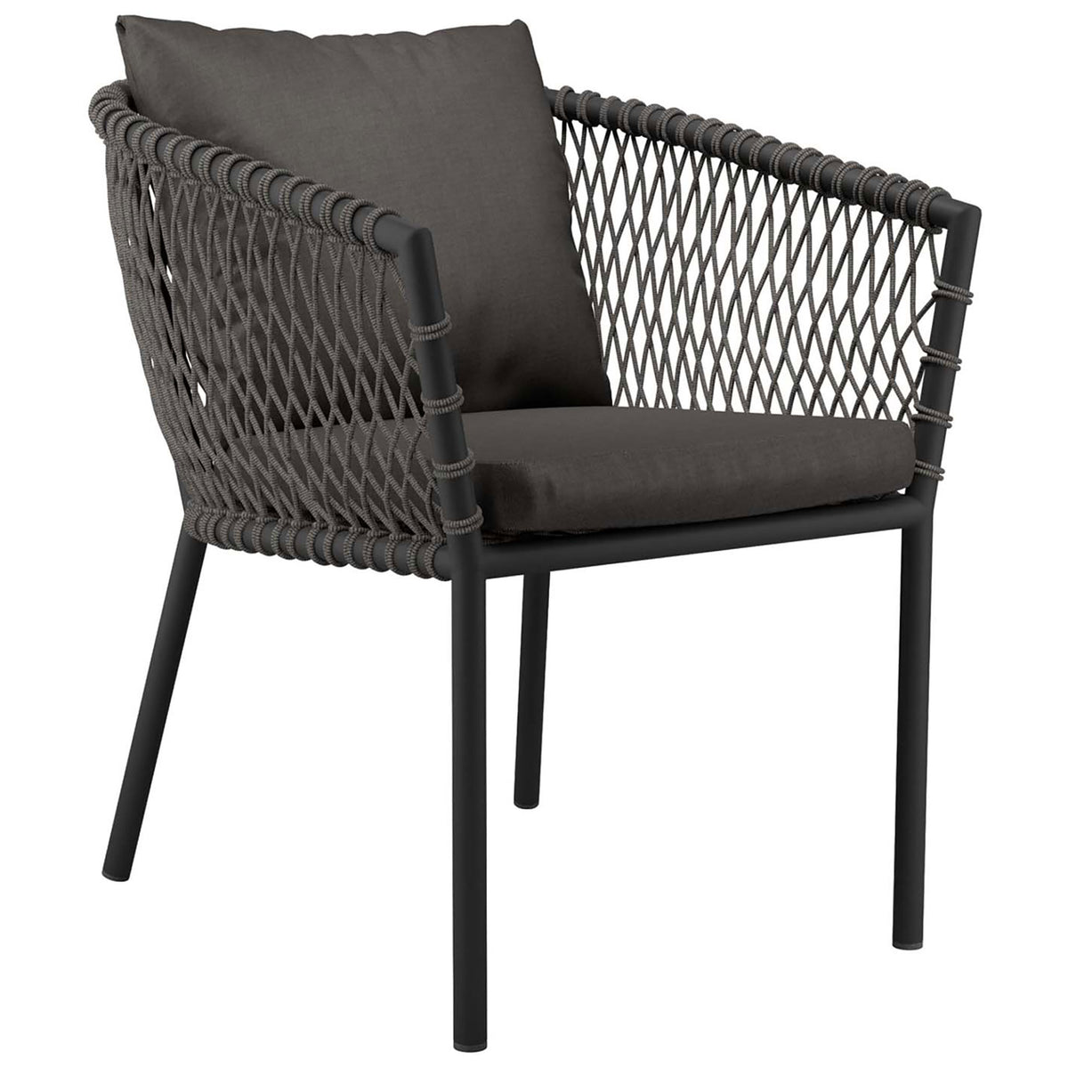 Charcoal outdoor dining armchair with woven rope sides and cushioned seat and back || EEI-5040-CHA-CHA || front_angle_studio