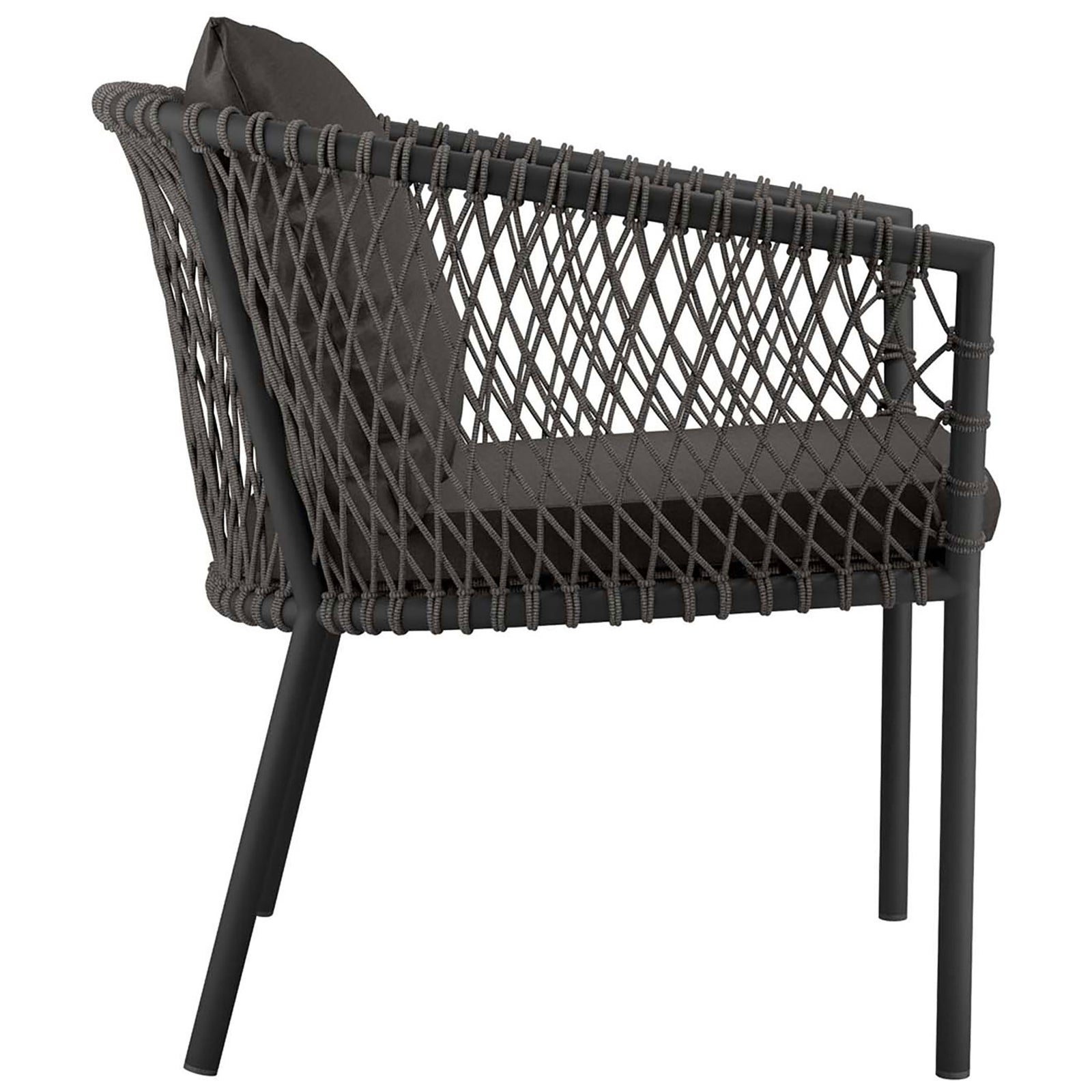 Charcoal patio dining armchair highlighting the sleek powder-coated aluminum frame and rope weave || EEI-5040-CHA-CHA || side_studio