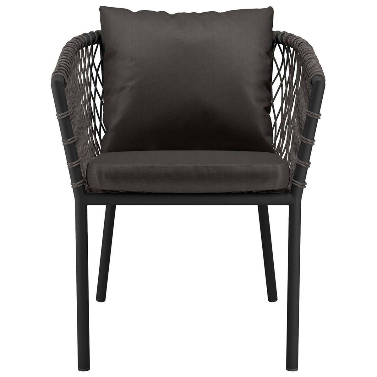 Charcoal outdoor dining armchair with generous seat and back cushions framed by rope-wrapped arms || EEI-5040-CHA-CHA || front_studio