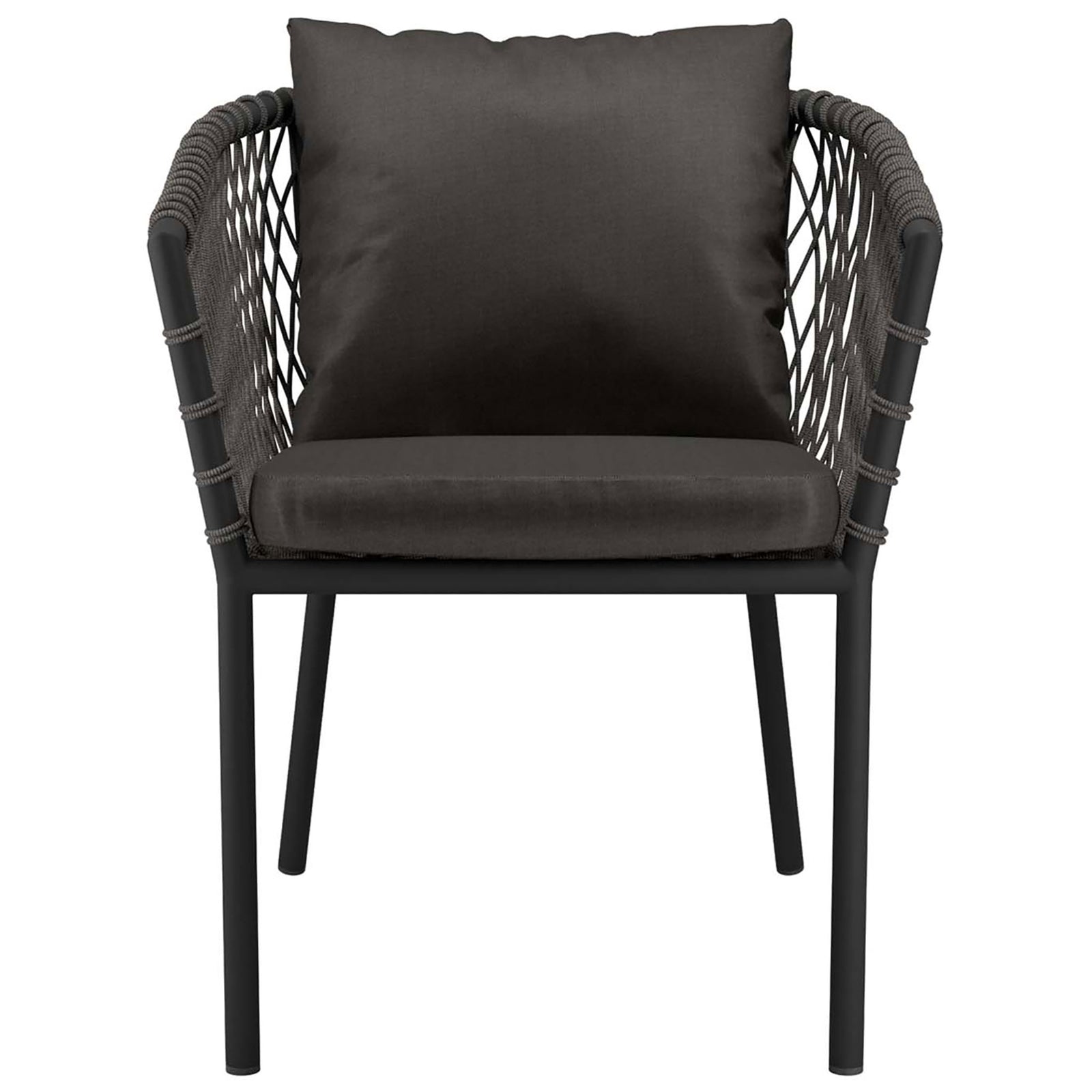 Charcoal outdoor dining armchair with generous seat and back cushions framed by rope-wrapped arms || EEI-5040-CHA-CHA || front_studio
