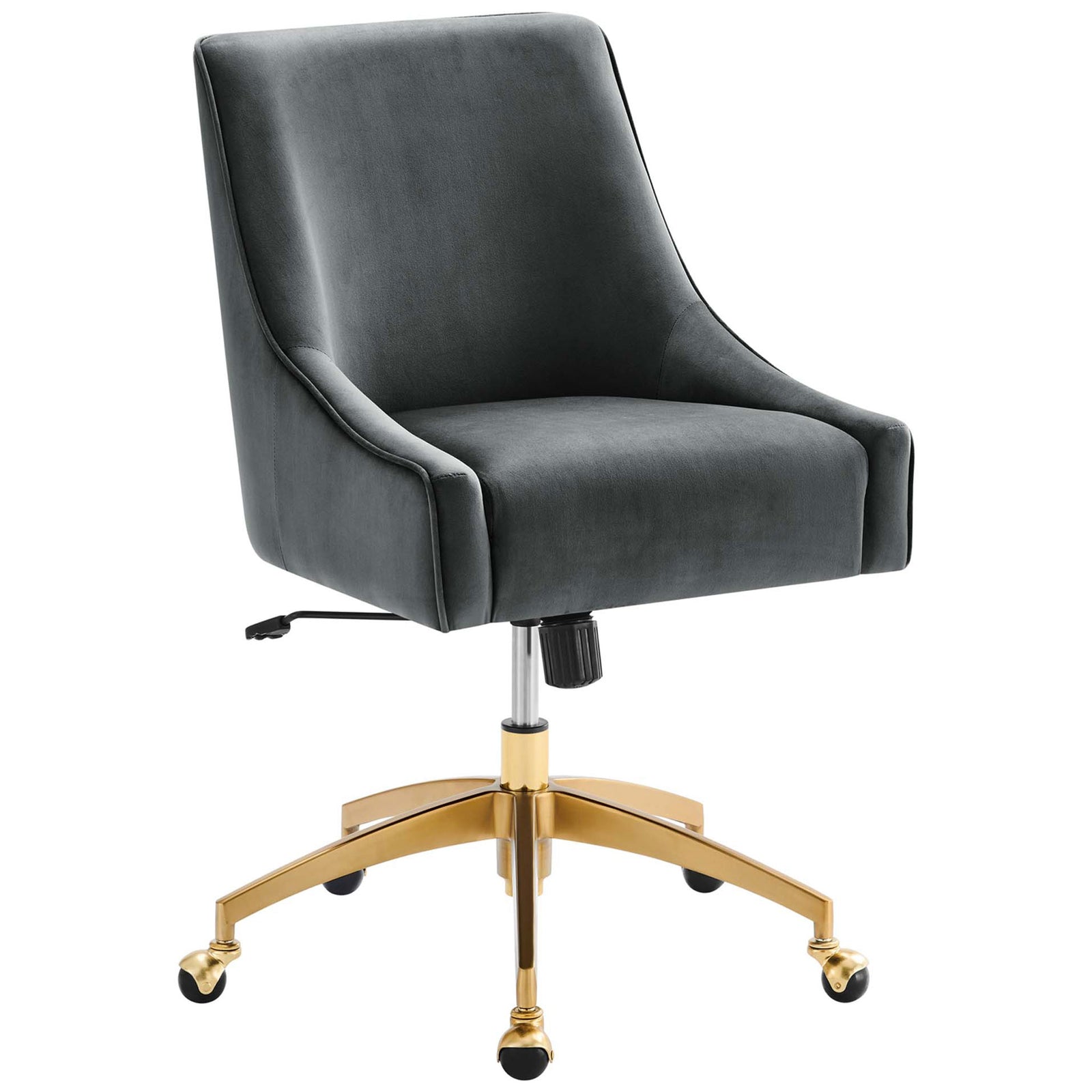 Gray performance velvet office chair with sloped arms and gold swivel base for luxe daily comfort. || EEI-5079-GRY || front_studio