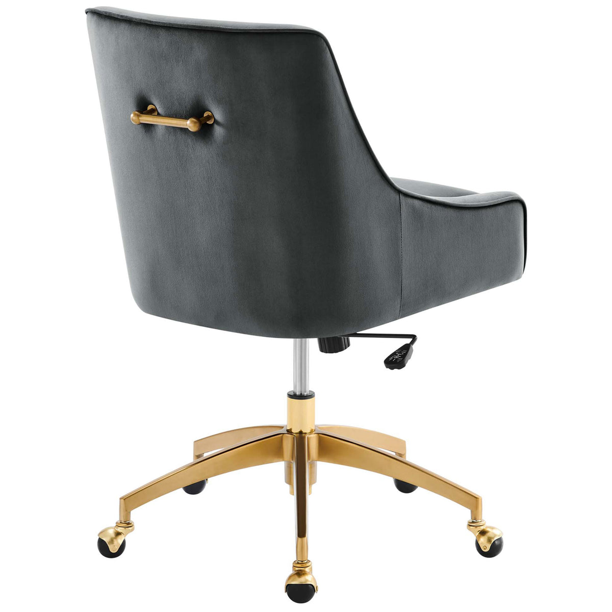 Gray performance velvet office chair with gold handle accent and tailored back panel. || EEI-5079-GRY || back_angle_studio