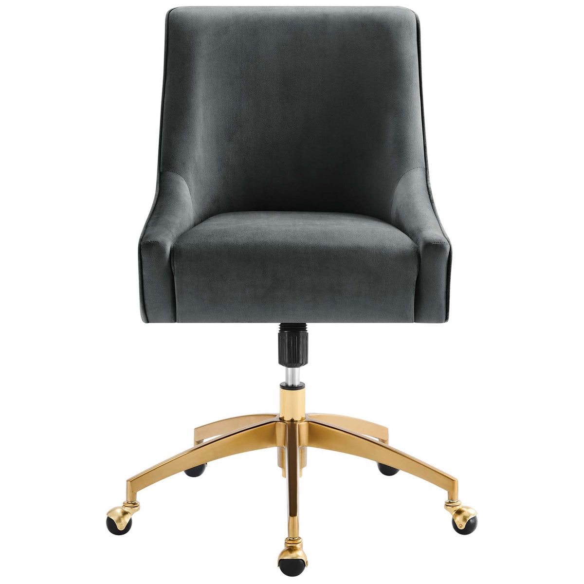 Gray performance velvet office chair with sloped arms and gold swivel base for luxe daily comfort. || EEI-5079-GRY || front_studio