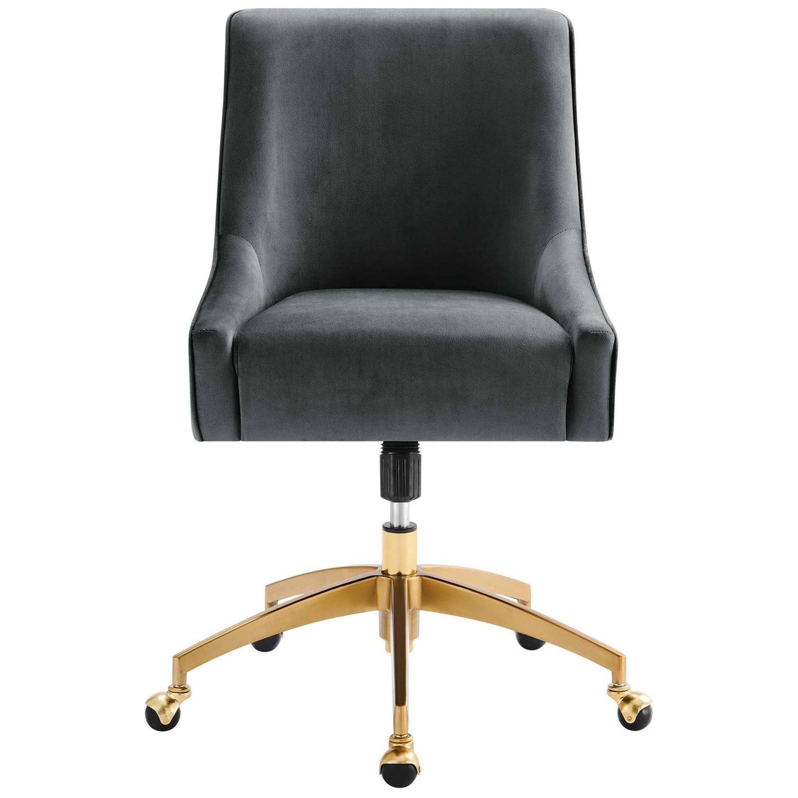 Gray performance velvet office chair with sloped arms and gold swivel base for luxe daily comfort. || EEI-5079-GRY || front_studio