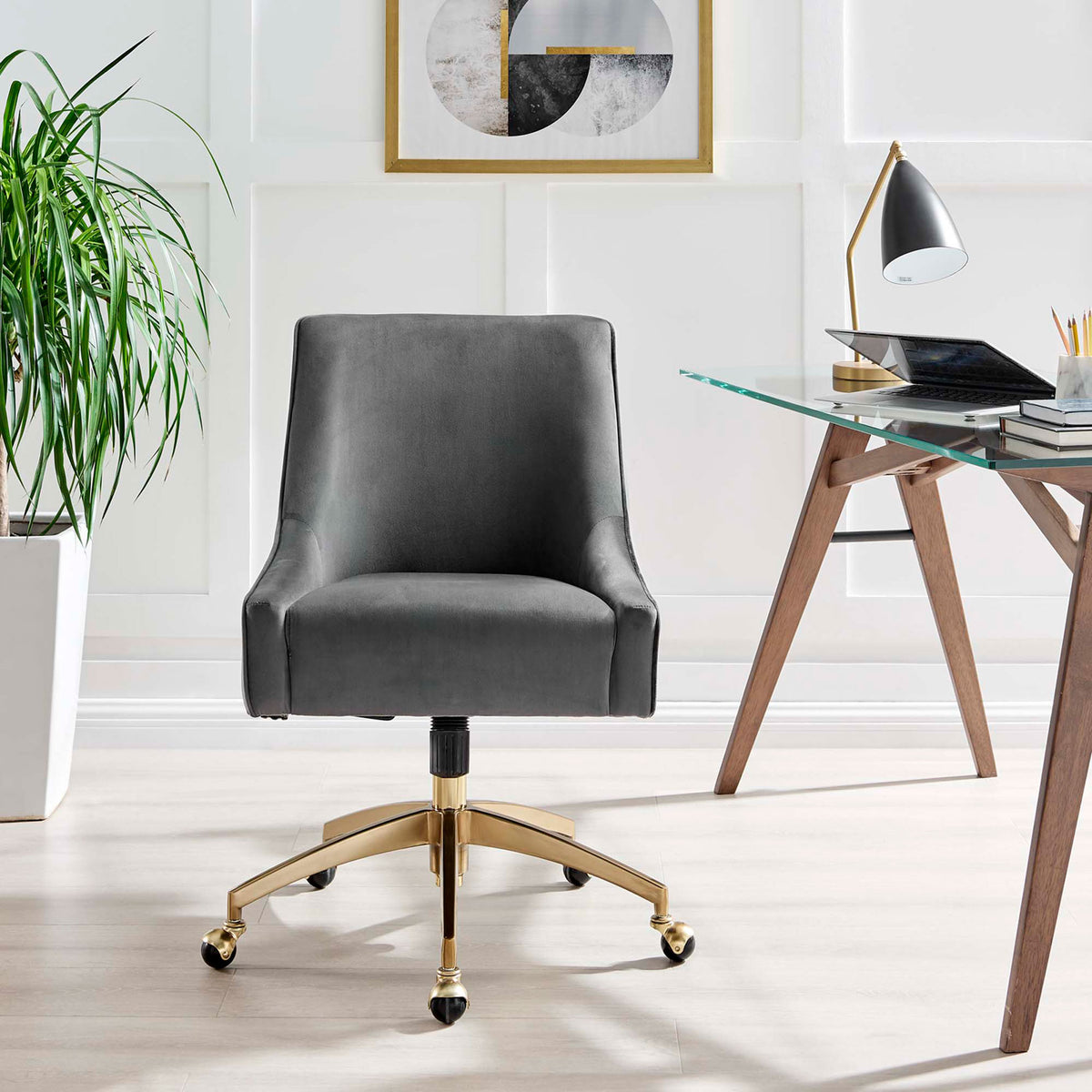 Gray performance velvet office chair with gold base centered in a clean, contemporary workspace. || EEI-5079-GRY || front_room