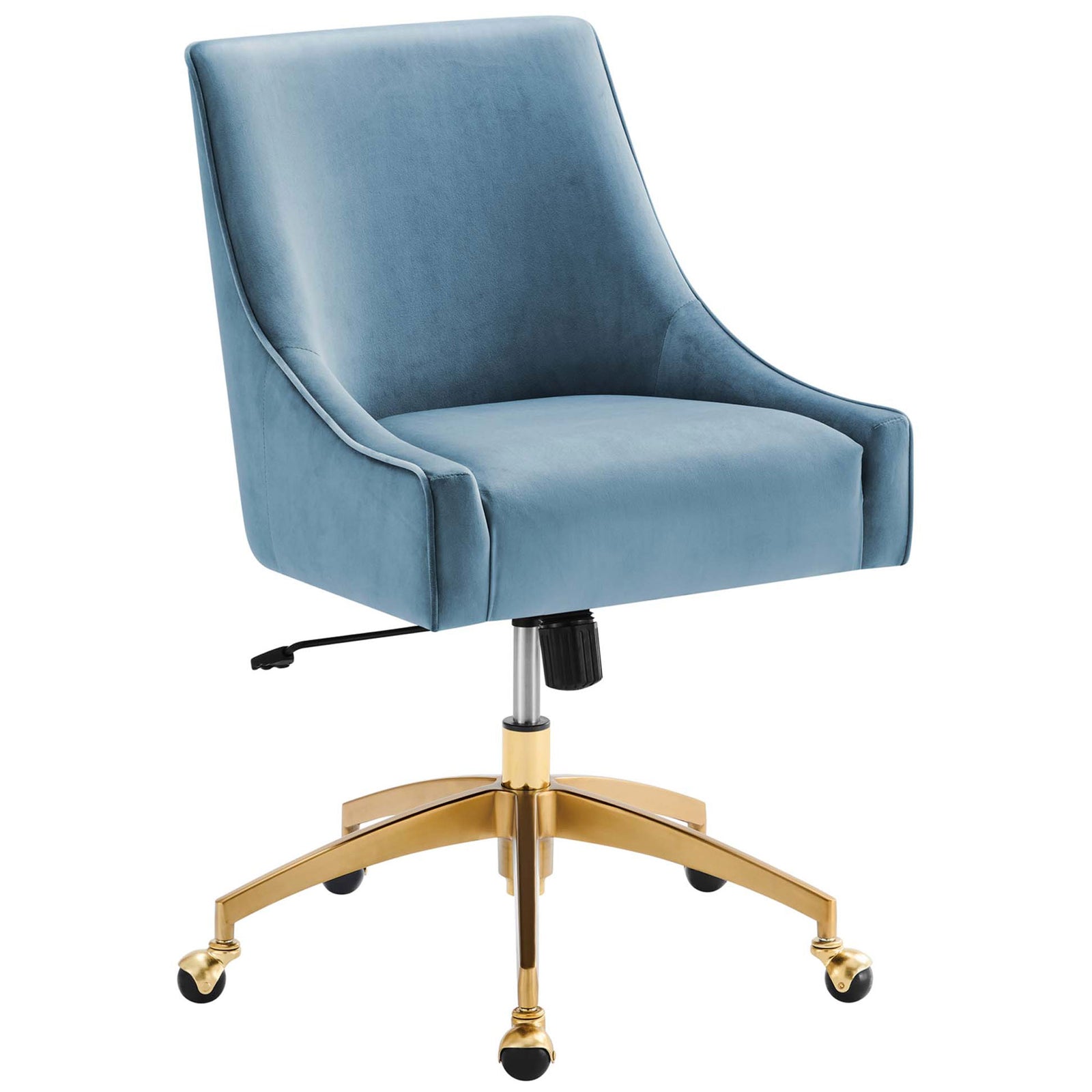 Light blue velvet office chair with sloping arms and a gleaming gold swivel base || EEI-5079-LBU || front_angle_studio