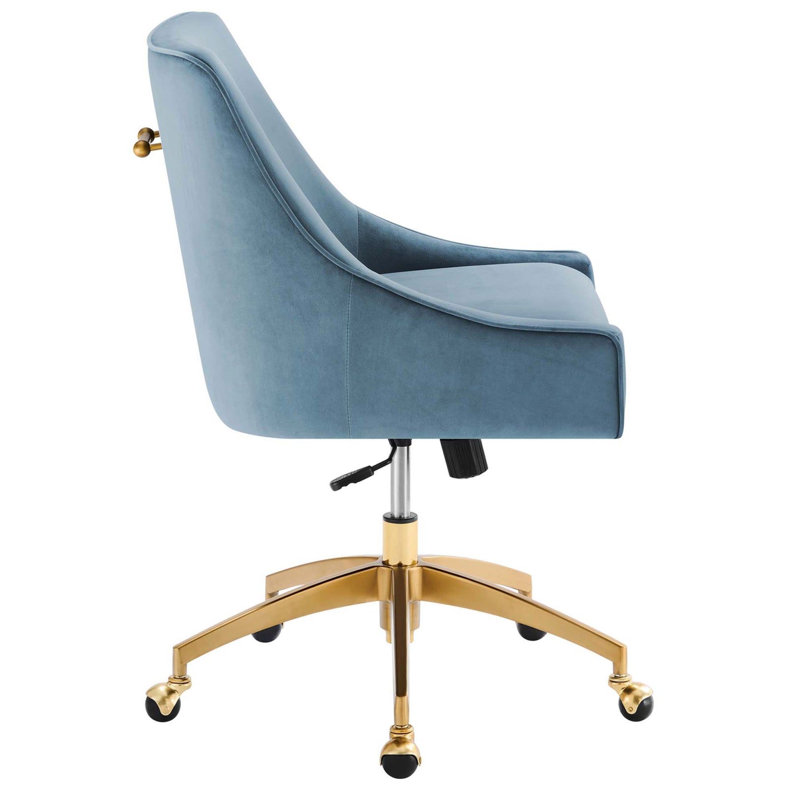Light blue velvet office chair showing a slim silhouette, gold base, and height adjustment lever || EEI-5079-LBU || side_studio