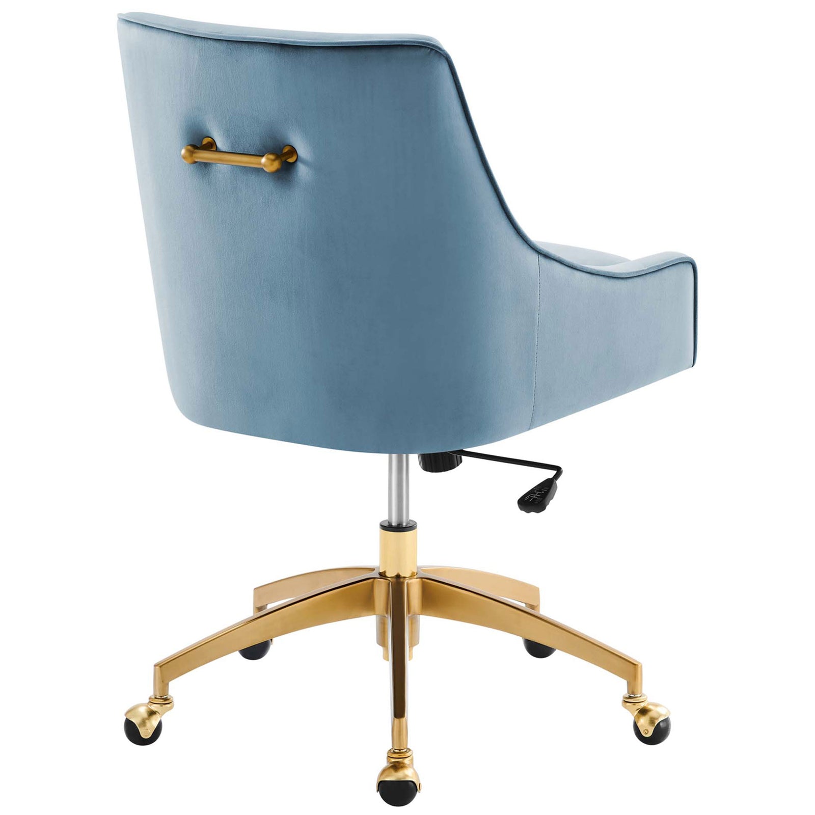Light blue velvet office chair with smooth backrest, gold decorative handle, and rolling base || EEI-5079-LBU || back_angle_studio