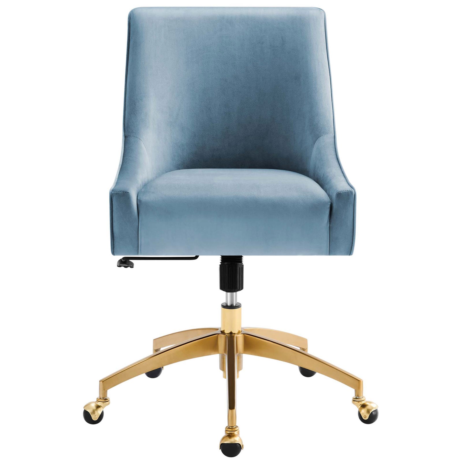 Plush light blue velvet office chair with thick cushioning atop a polished gold five-star base || EEI-5079-LBU || front_studio