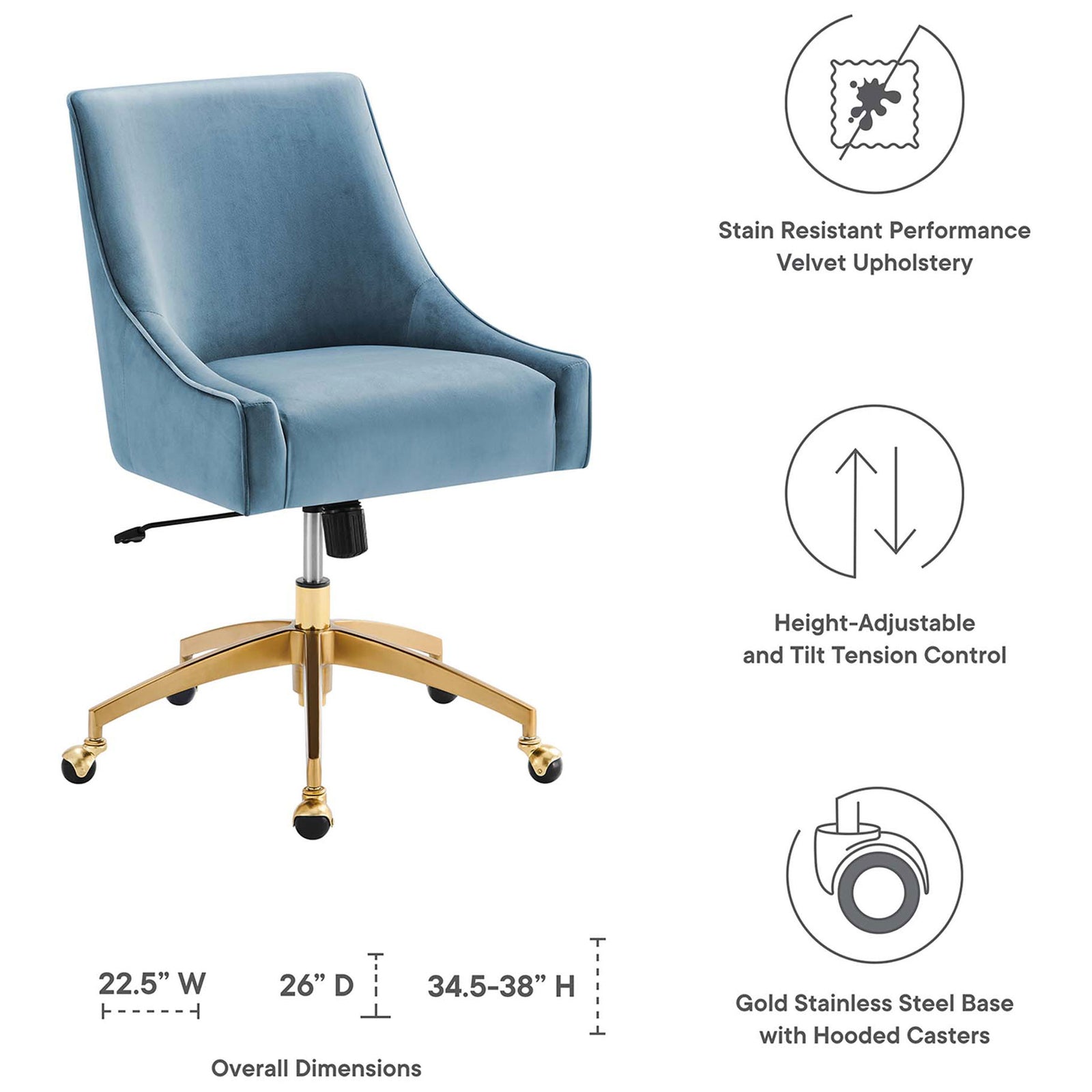 Light blue velvet office chair with icons highlighting stain resistance, adjustable height, tilt control, and gold base || EEI-5079-LBU || dimension_studio