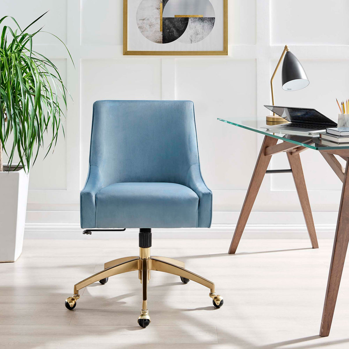 Light blue velvet office chair with gold base centered at a contemporary home office desk || EEI-5079-LBU || front_room