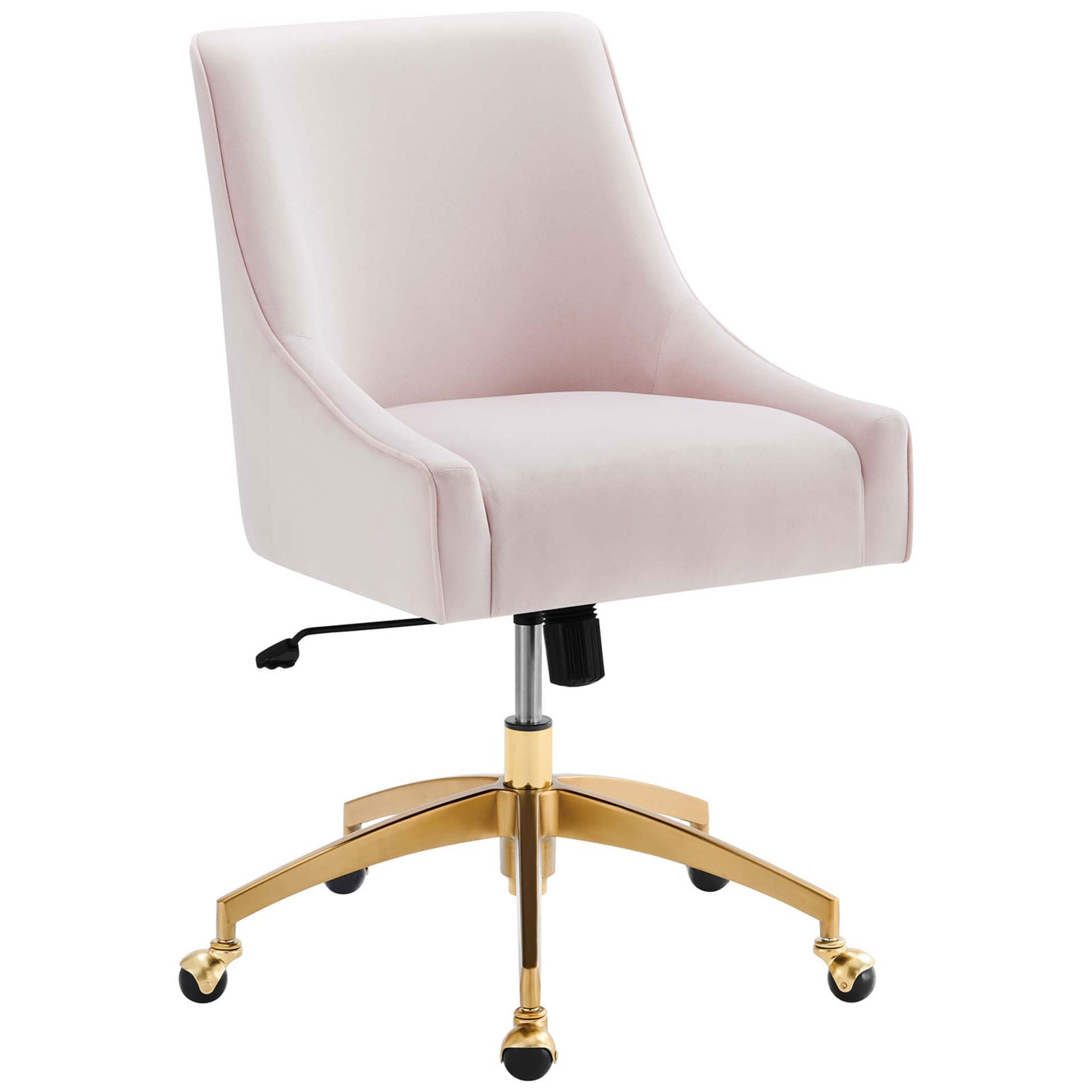 Modern pink velvet office chair with gently sloped arms and supportive cushioned seat on a gold base || EEI-5079-PNK || front_studio